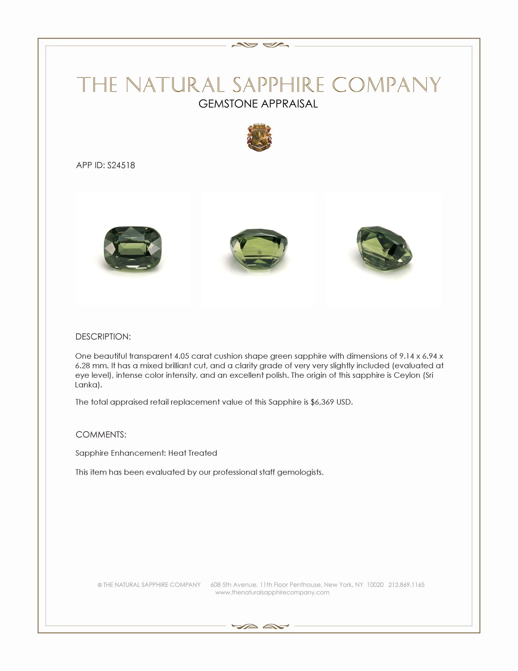 4.05 Ct. Green Sapphire from Ceylon (Sri Lanka)