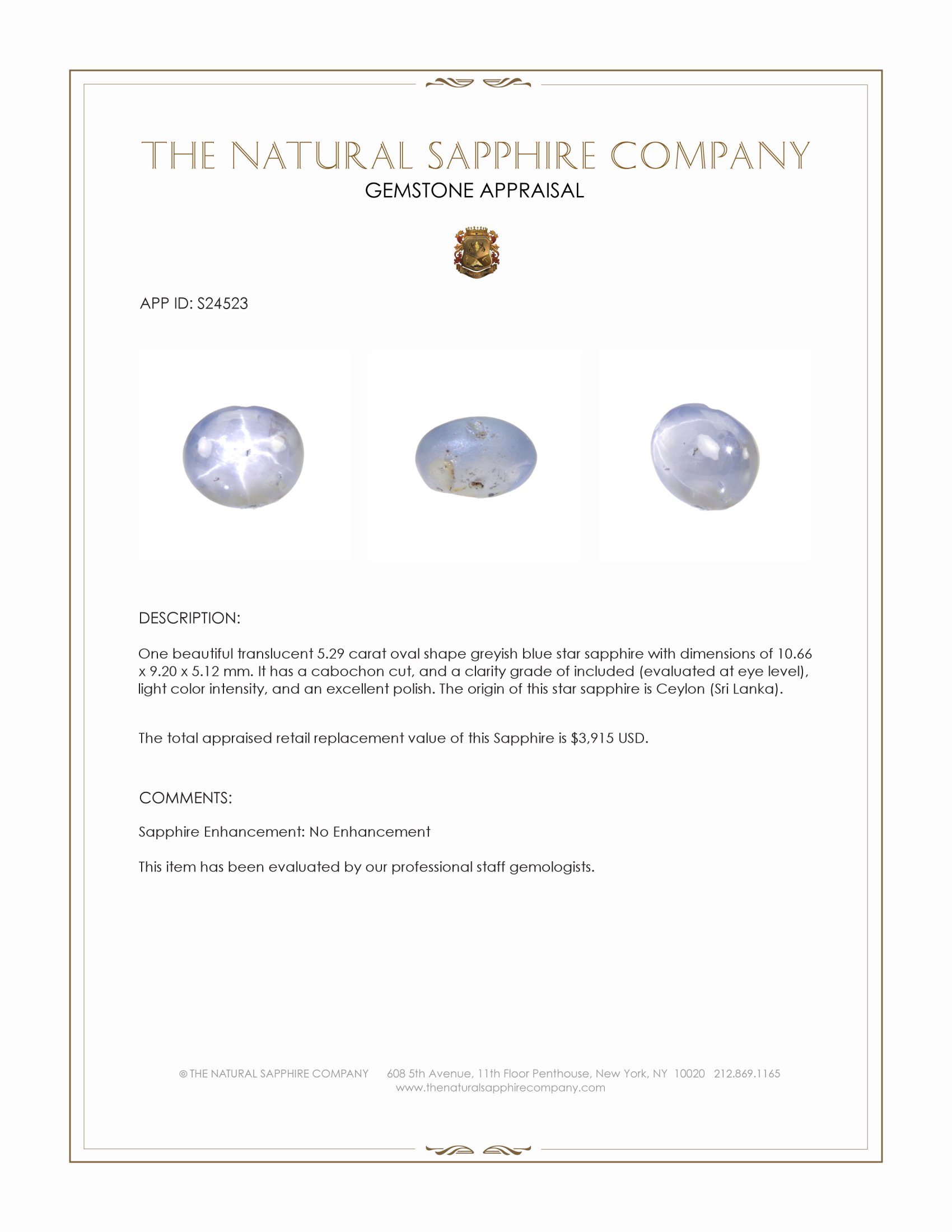 5.29 Ct. Greyish Blue Star Sapphire from Ceylon (Sri Lanka)