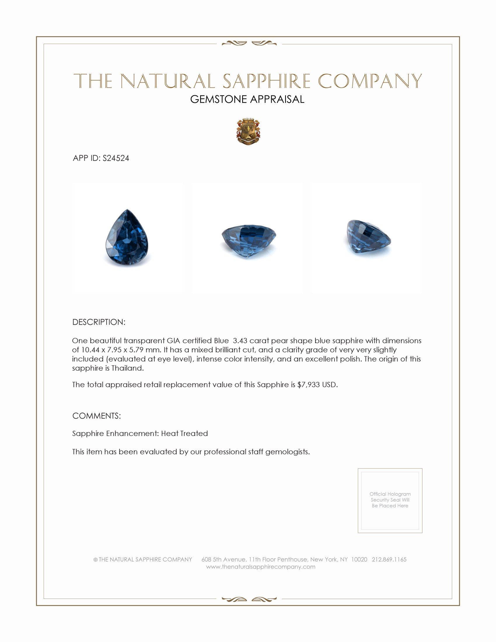 3.43 Ct. Blue Sapphire from Thailand