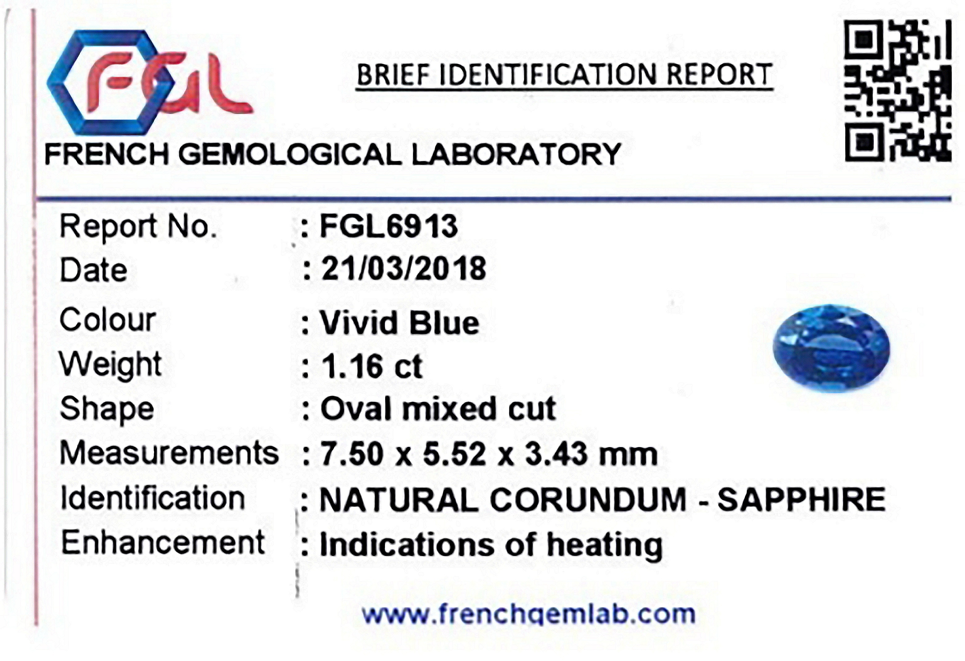 1.16 Ct. Blue Sapphire from Ceylon (Sri Lanka)