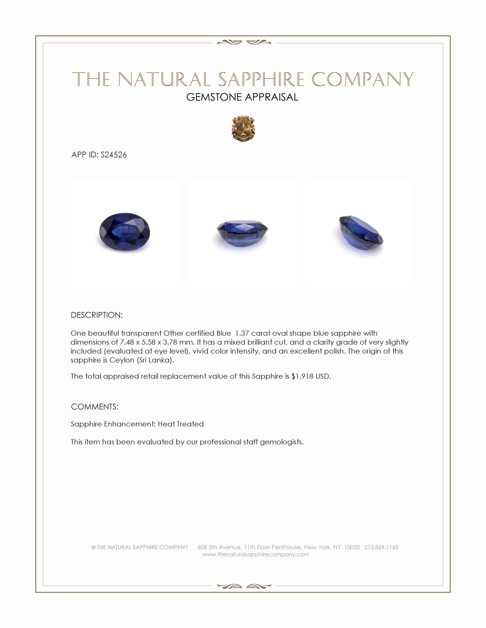 1.37 Ct. Blue Sapphire from Ceylon (Sri Lanka)