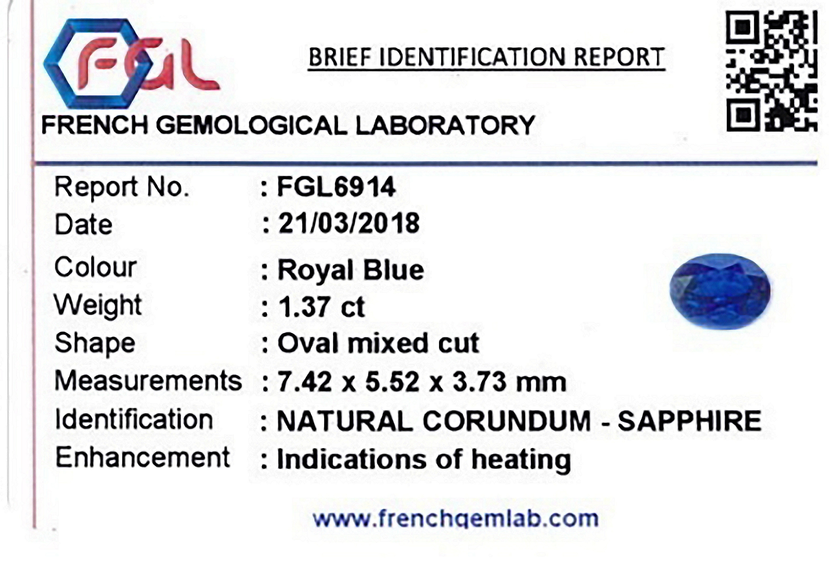 1.37 Ct. Blue Sapphire from Ceylon (Sri Lanka)