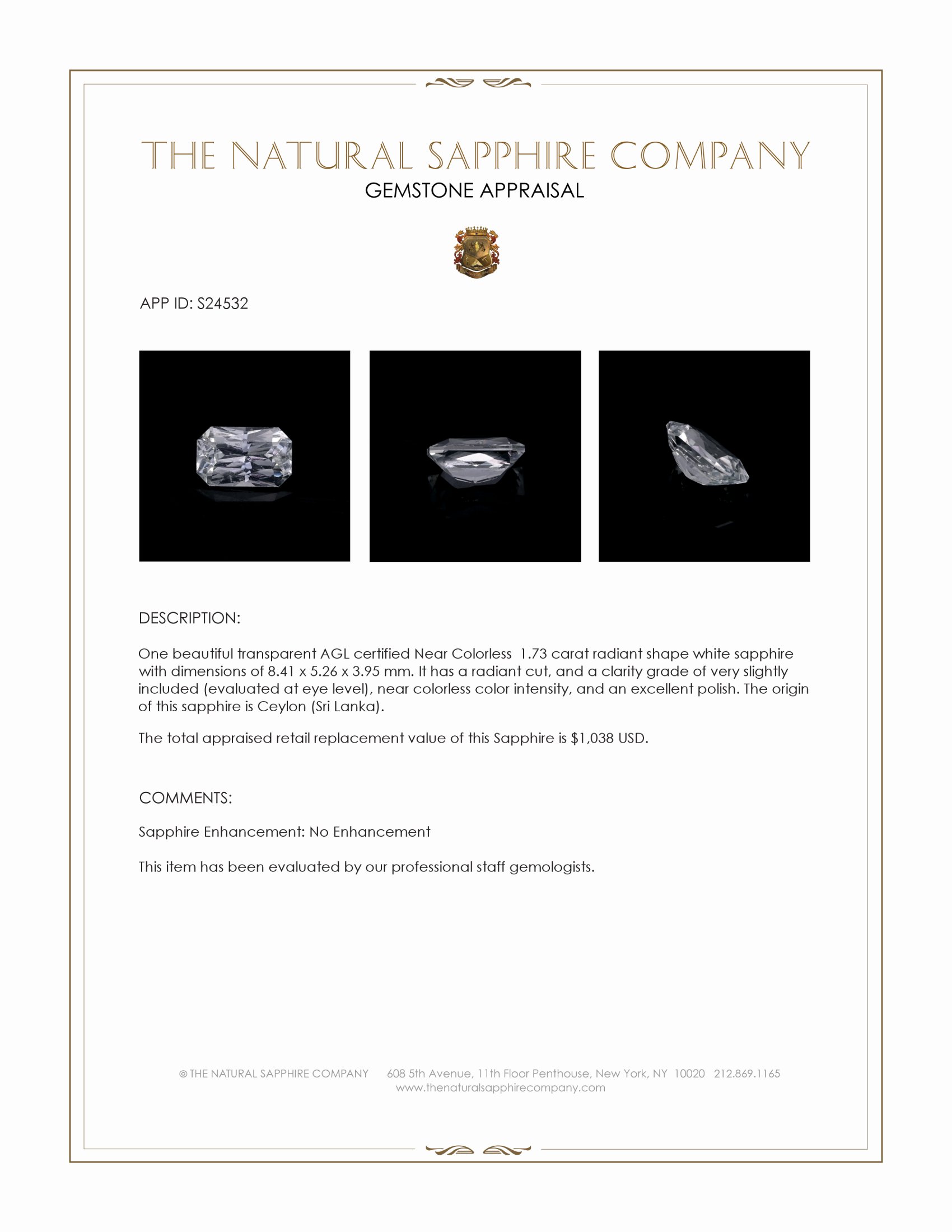 1.73 Ct. White Sapphire from Ceylon (Sri Lanka)