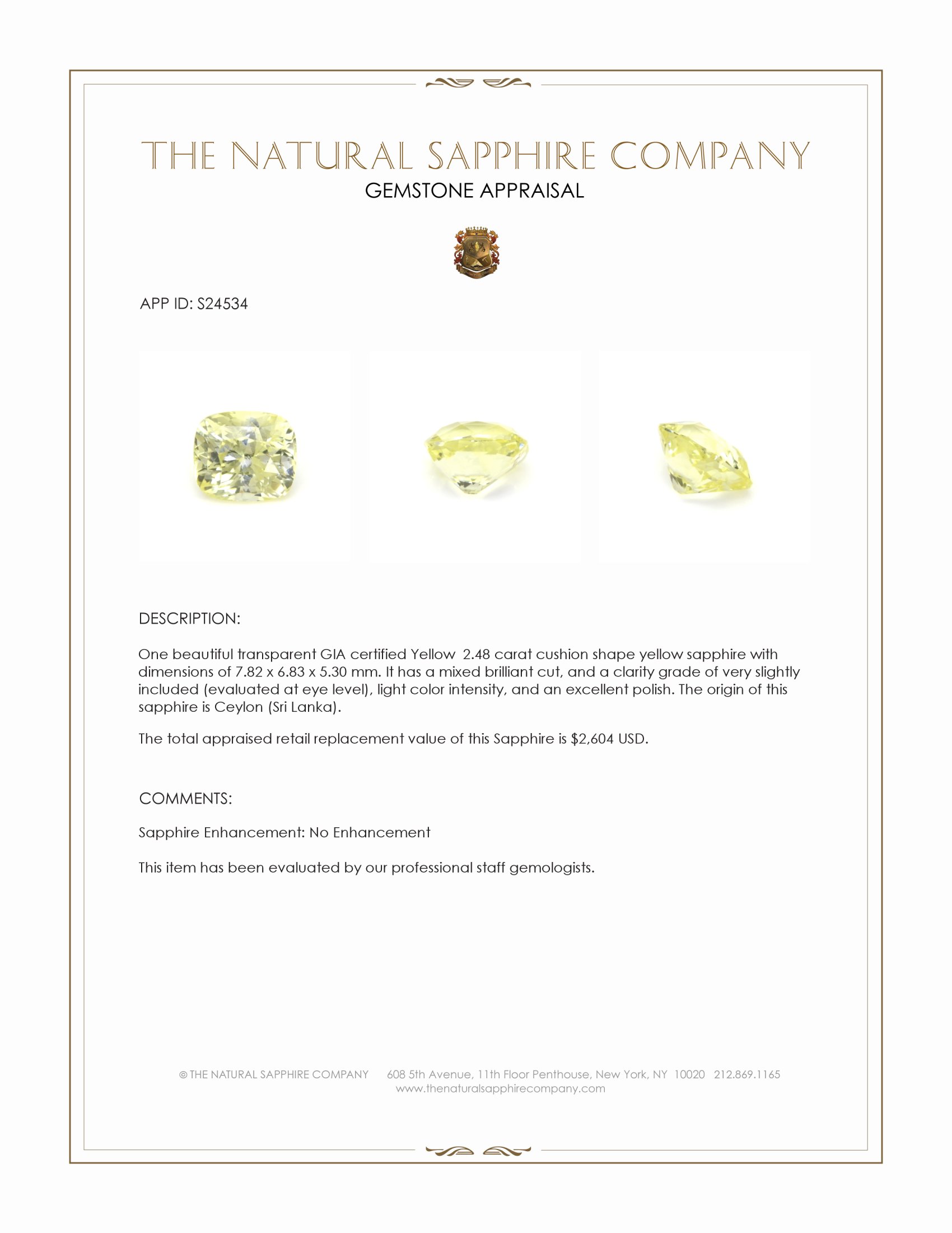 2.48 Ct. Yellow Sapphire from Ceylon (Sri Lanka)