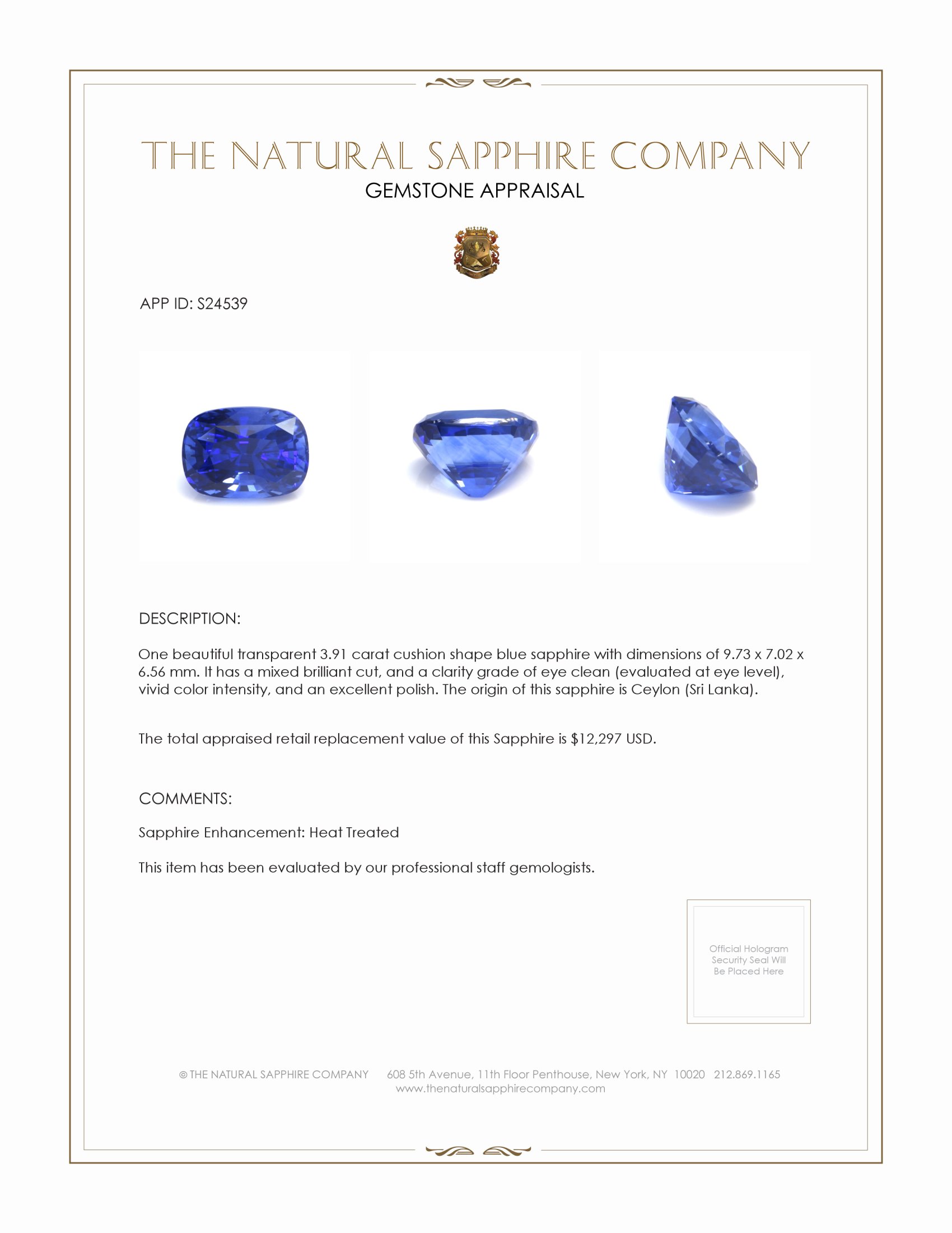 3.91 Ct. Blue Sapphire from Ceylon (Sri Lanka)