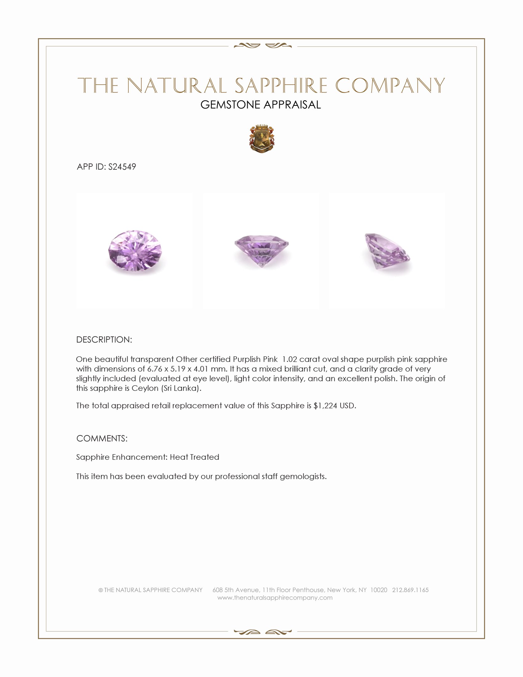 1.02 Ct. Purplish Pink Sapphire from Ceylon (Sri Lanka)