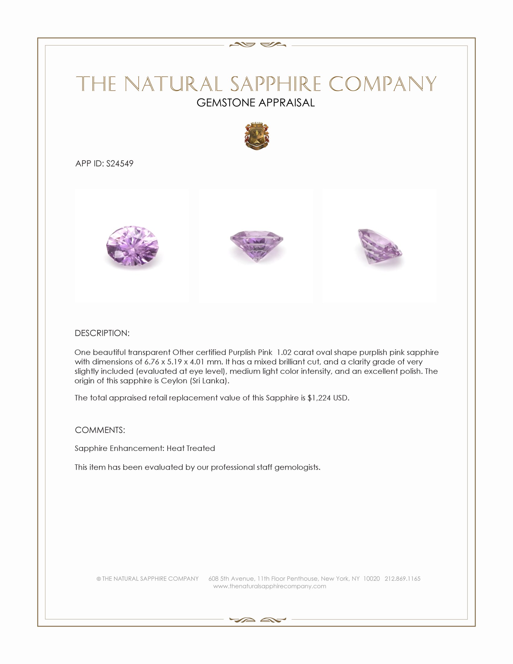 1.02 Ct. Purplish Pink Sapphire from Ceylon (Sri Lanka)