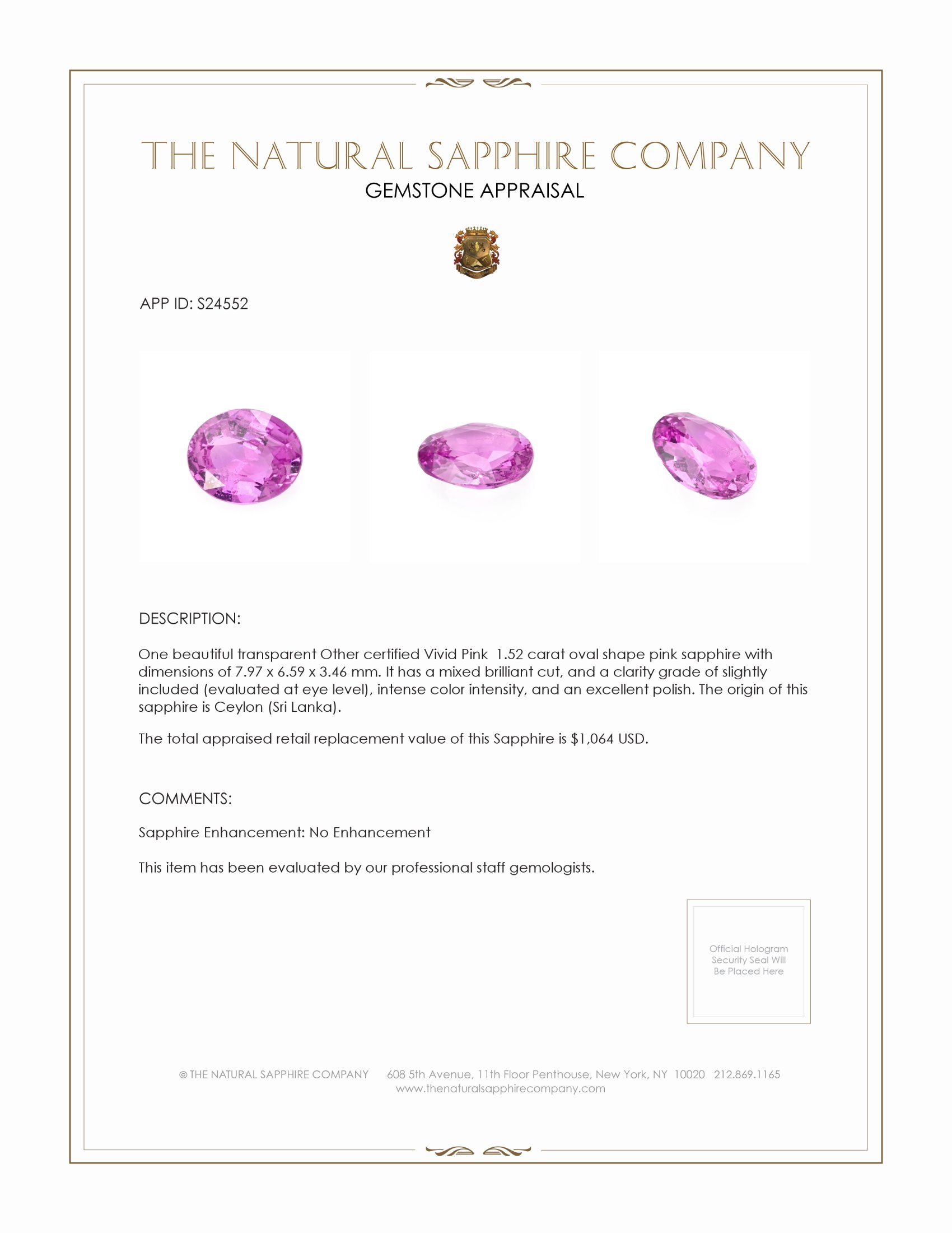 1.52 Ct. Pink Sapphire from Ceylon (Sri Lanka)