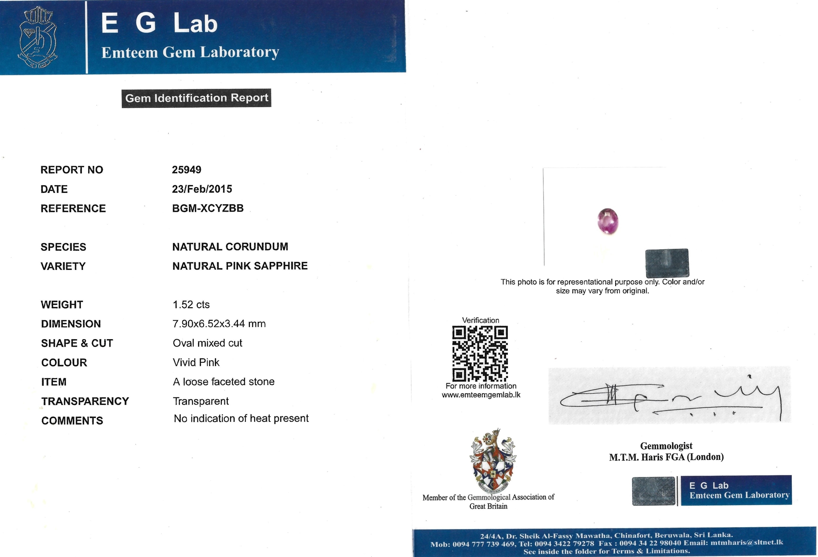 1.52 Ct. Pink Sapphire from Ceylon (Sri Lanka)