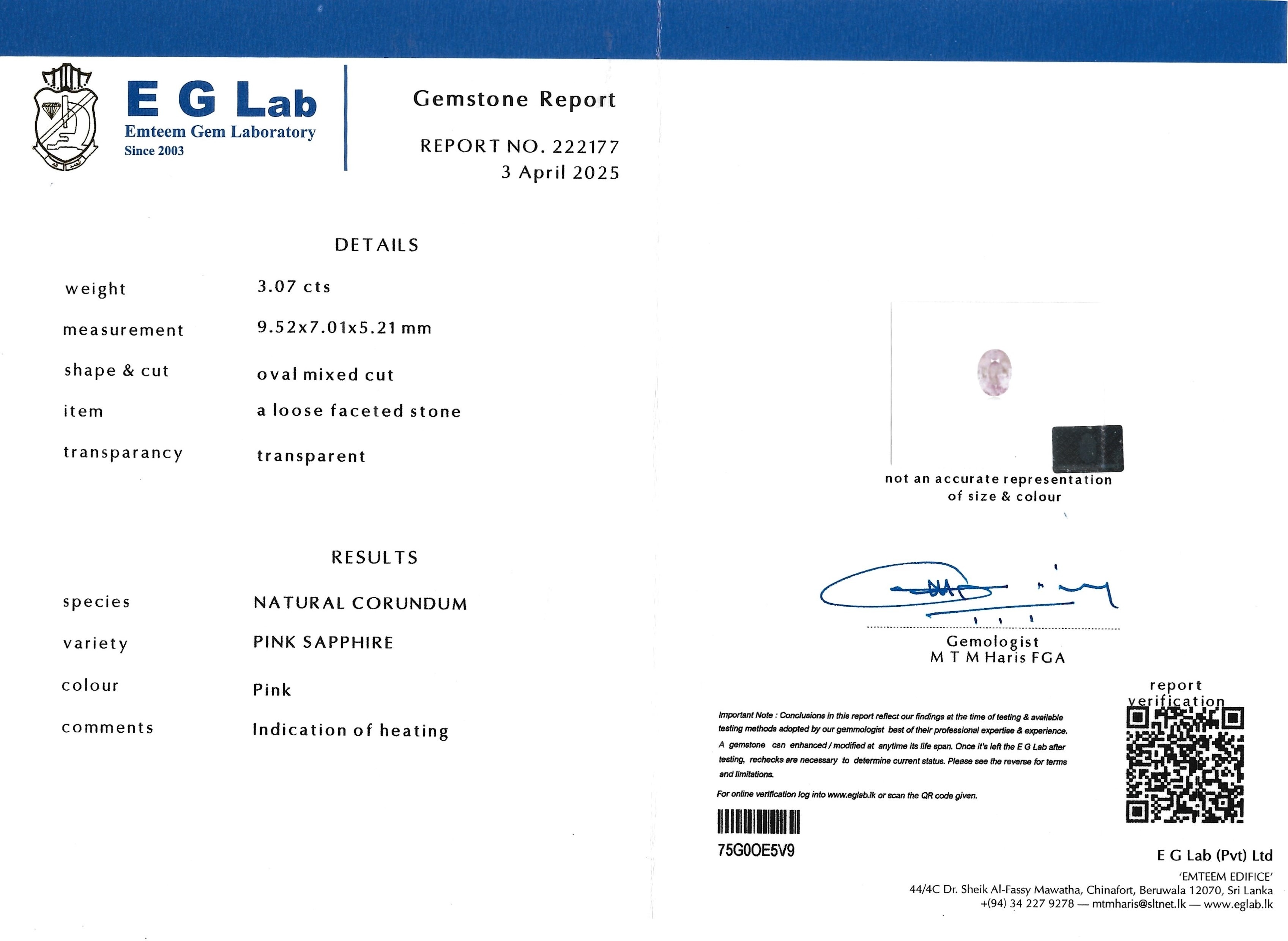 3.07 Ct. Pink Sapphire from Ceylon (Sri Lanka)