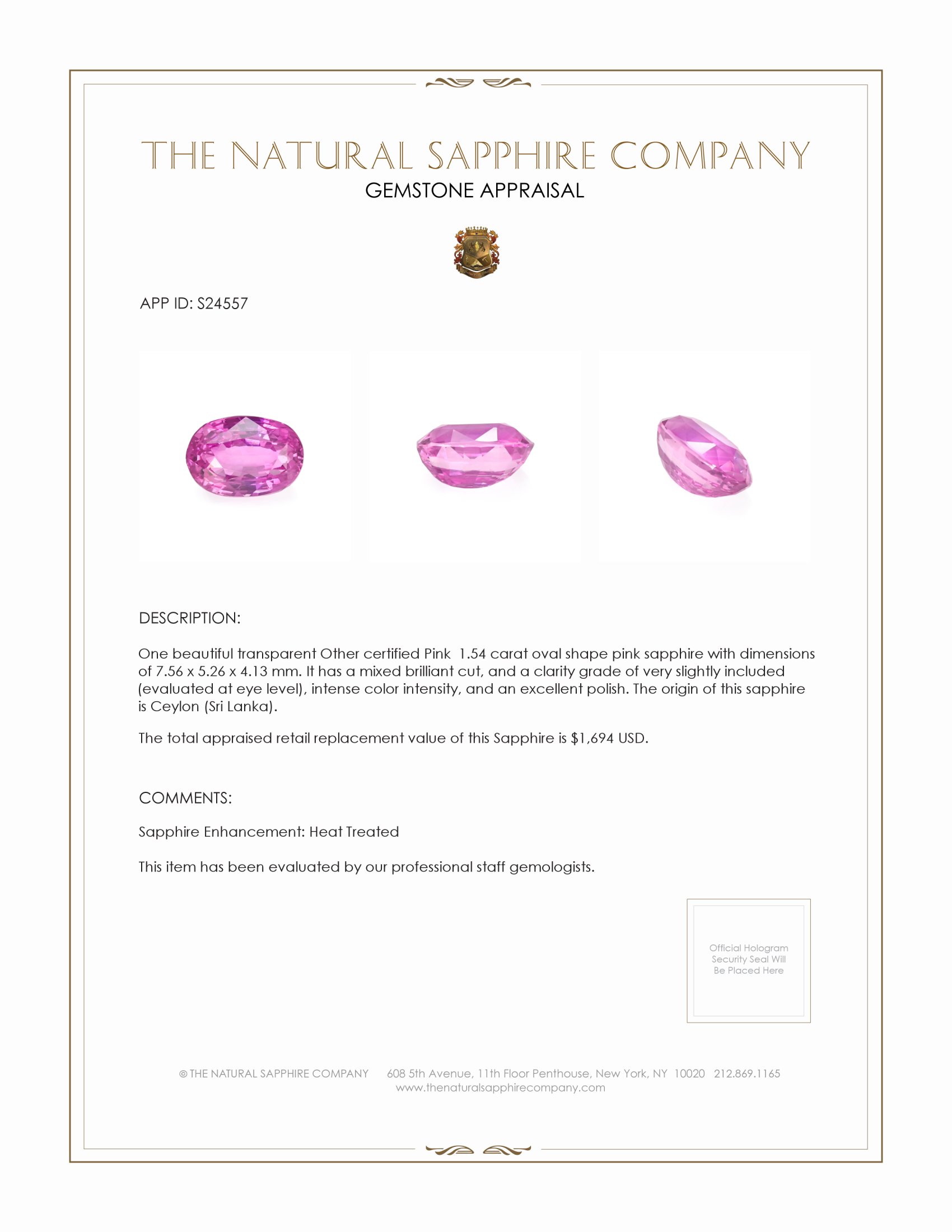 1.54 Ct. Pink Sapphire from Ceylon (Sri Lanka)