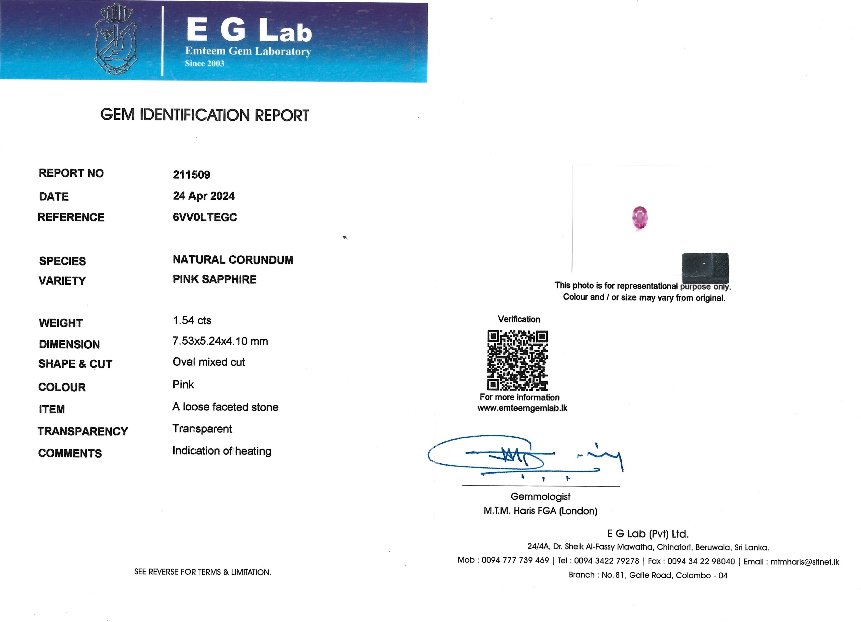 1.54 Ct. Pink Sapphire from Ceylon (Sri Lanka)