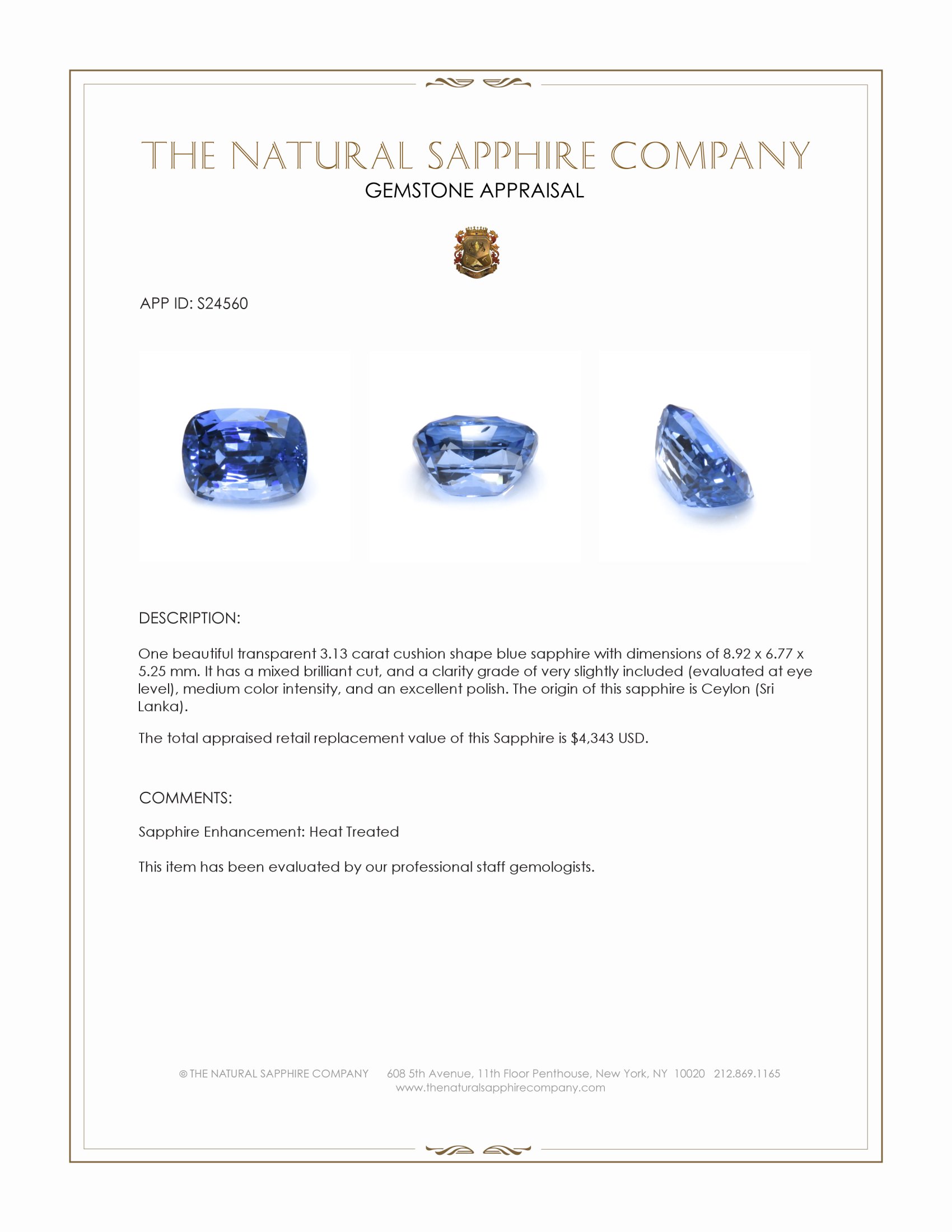 3.13 Ct. Blue Sapphire from Ceylon (Sri Lanka)