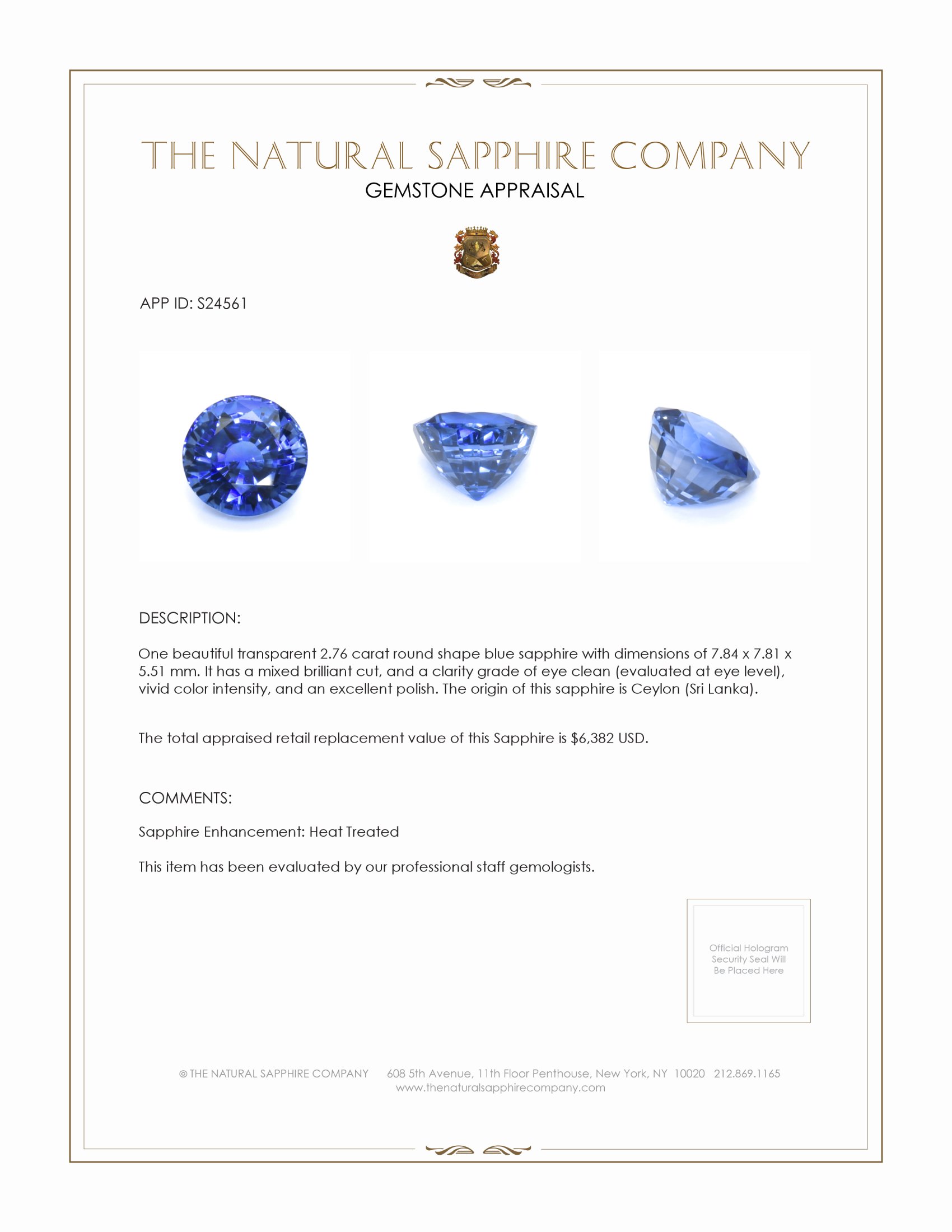 2.76 Ct. Blue Sapphire from Ceylon (Sri Lanka)