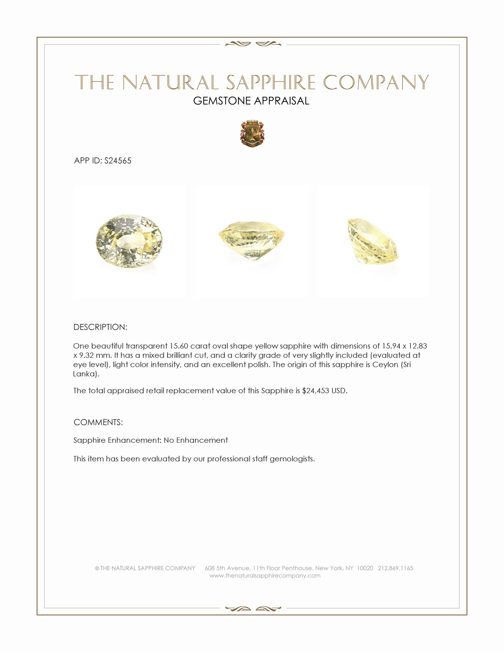 15.60 Ct. Yellow Sapphire from Ceylon (Sri Lanka)