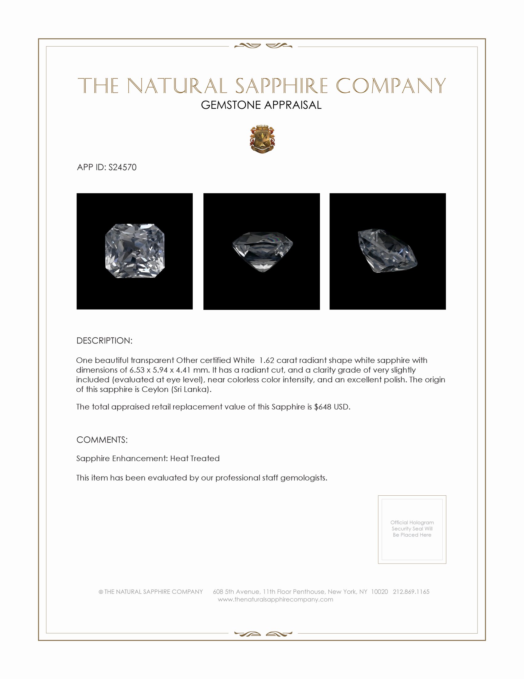 1.62 Ct. White Sapphire from Ceylon (Sri Lanka)