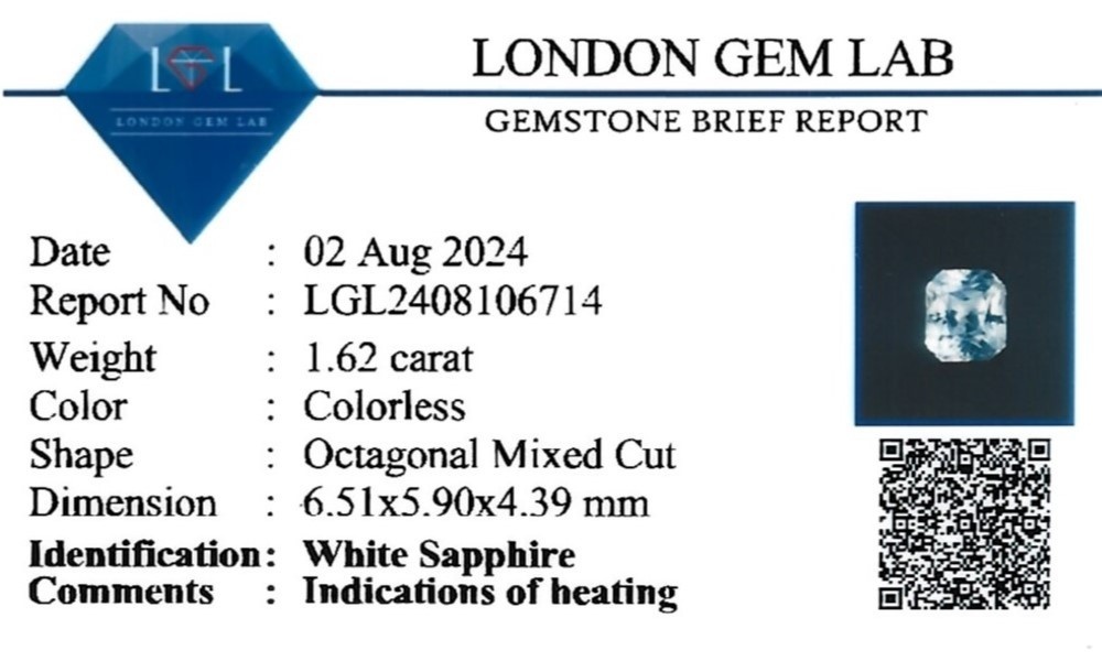 1.62 Ct. White Sapphire from Ceylon (Sri Lanka)
