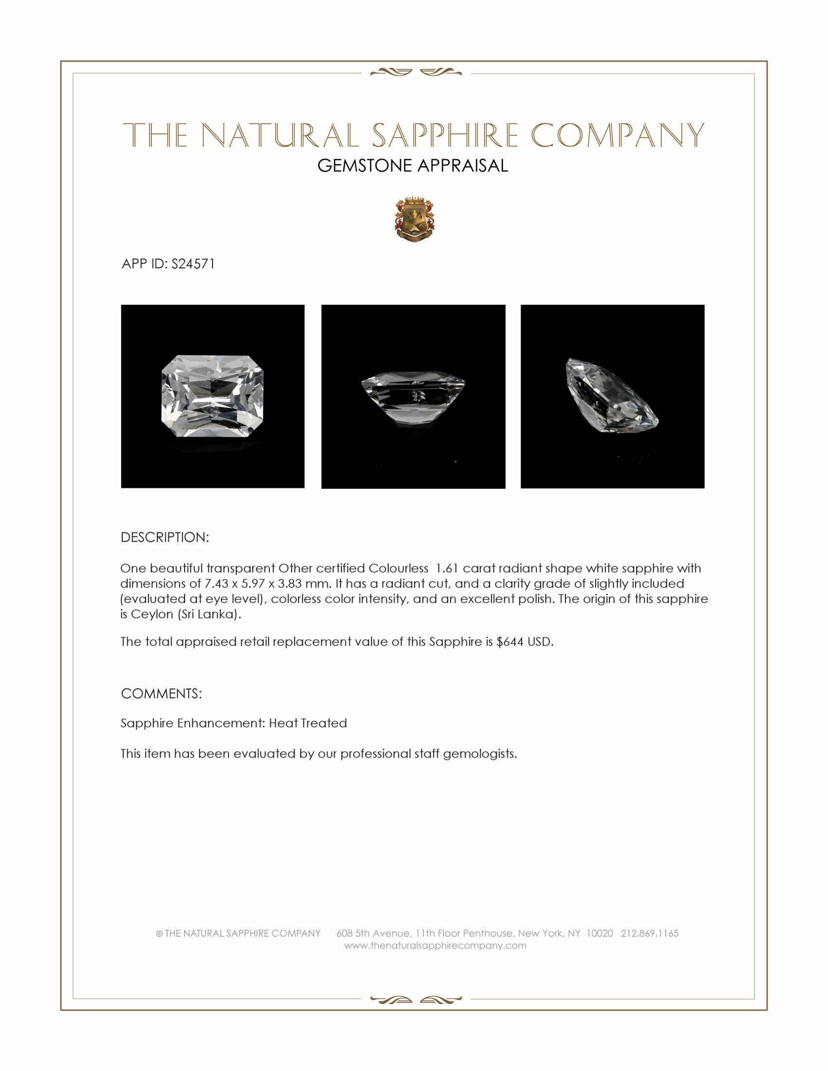 1.61 Ct. White Sapphire from Ceylon (Sri Lanka)