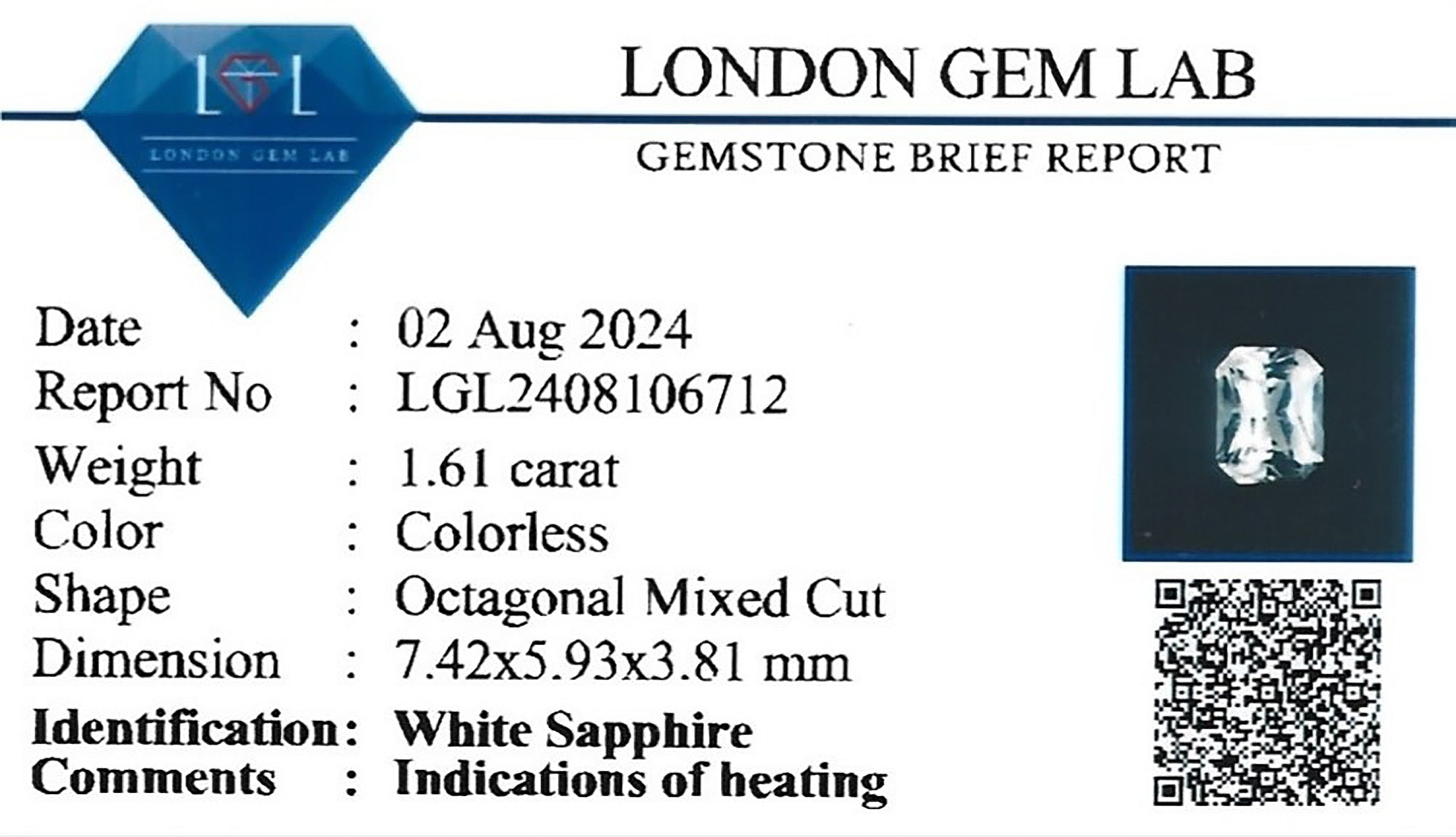 1.61 Ct. White Sapphire from Ceylon (Sri Lanka)