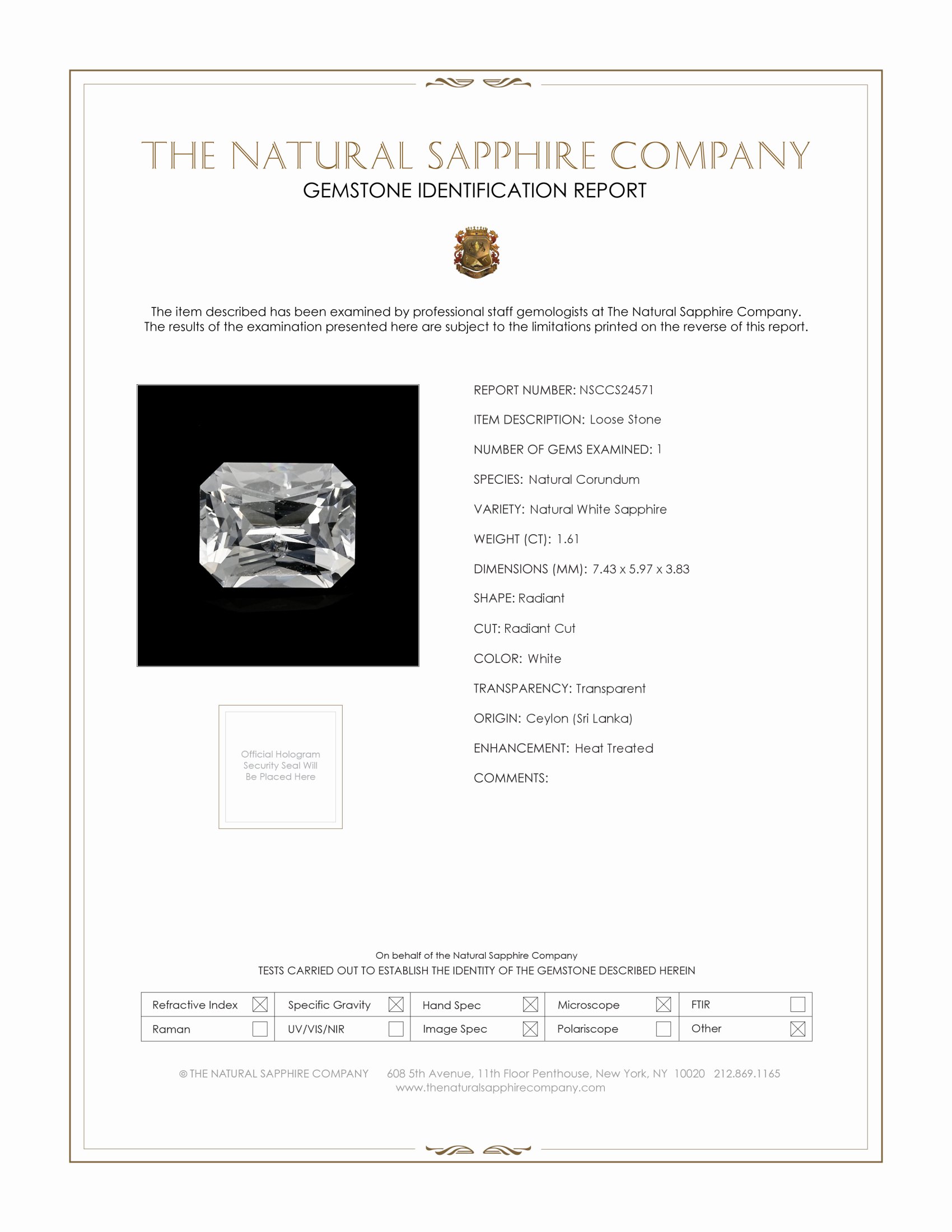 1.61 Ct. White Sapphire from Ceylon (Sri Lanka)