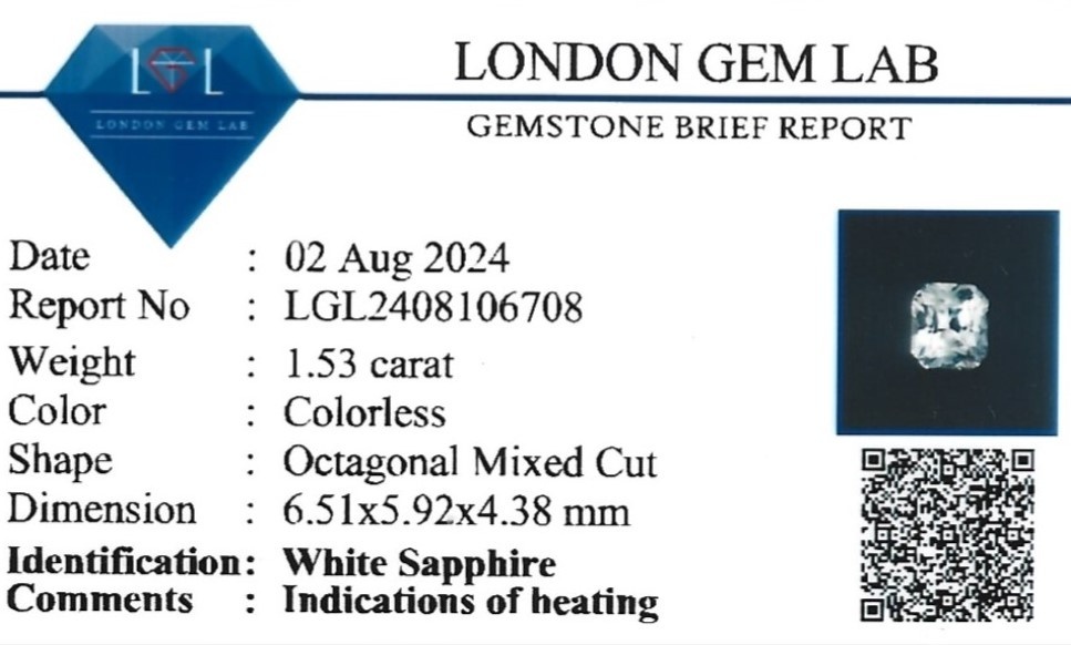 1.53 Ct. White Sapphire from Ceylon (Sri Lanka)