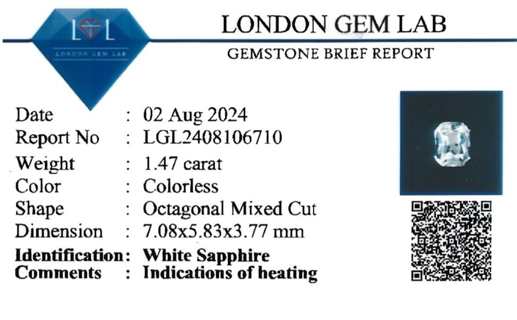 1.47 Ct. White Sapphire from Ceylon (Sri Lanka)