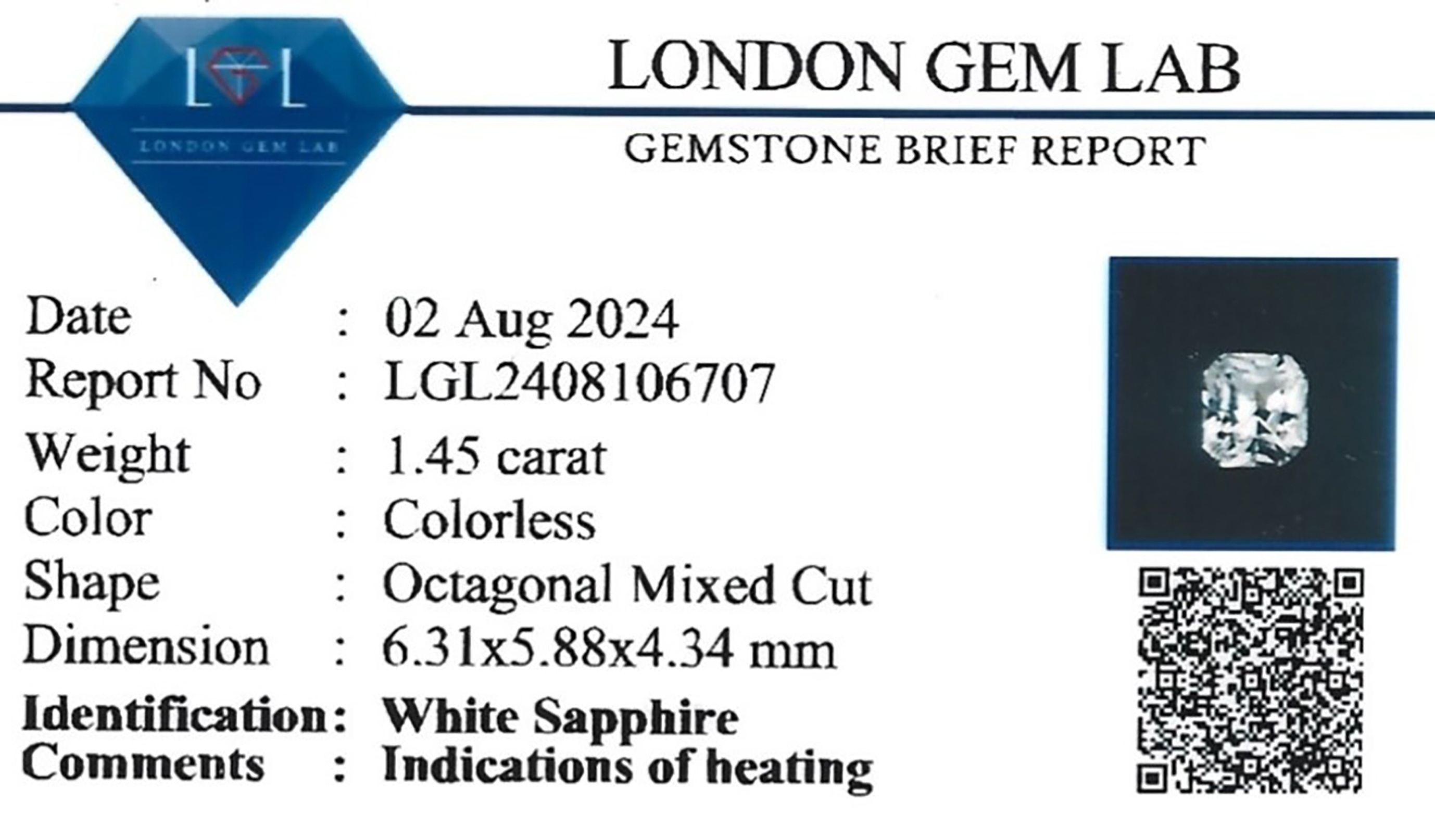 1.45 Ct. White Sapphire from Ceylon (Sri Lanka)