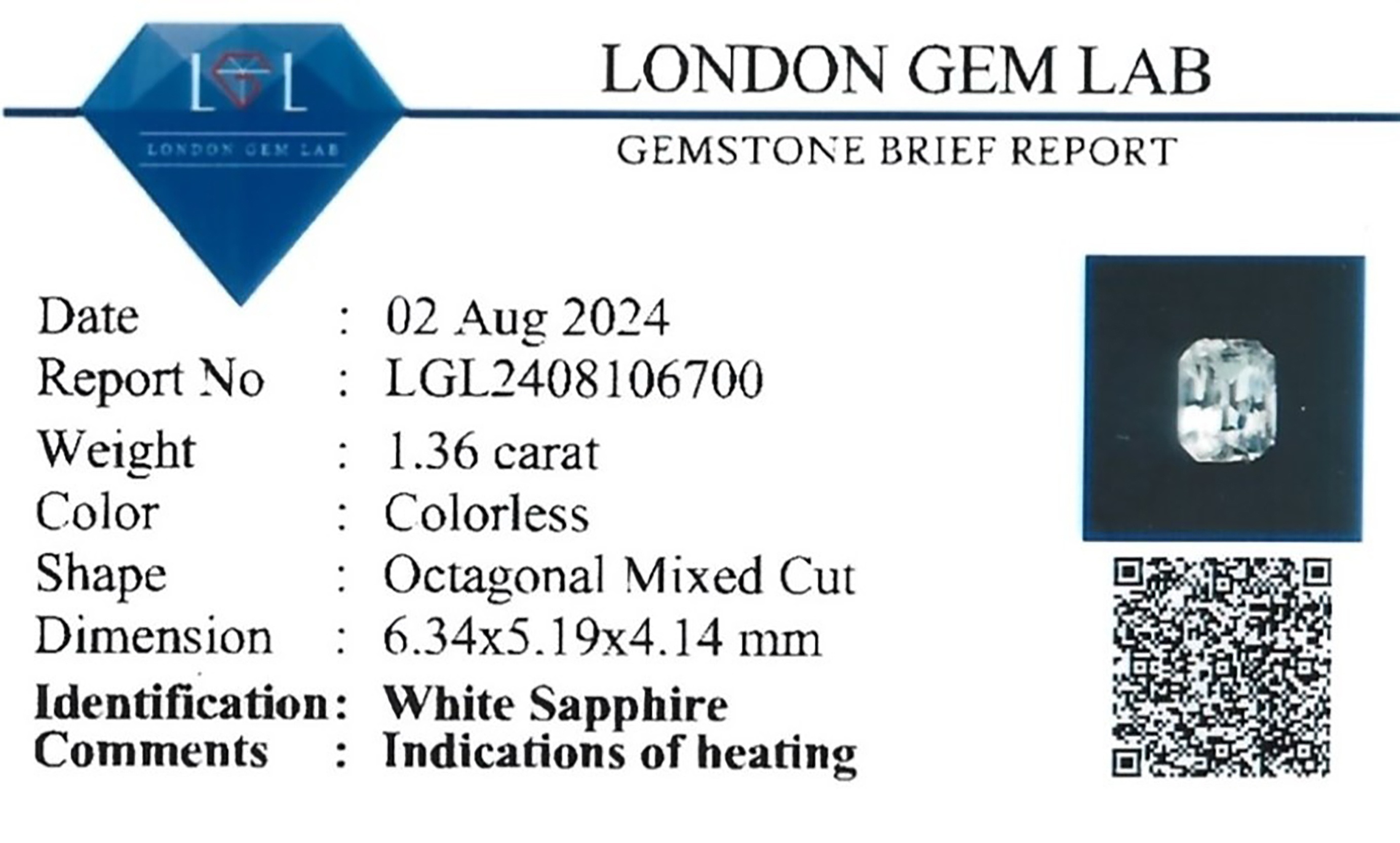 1.36 Ct. White Sapphire from Ceylon (Sri Lanka)