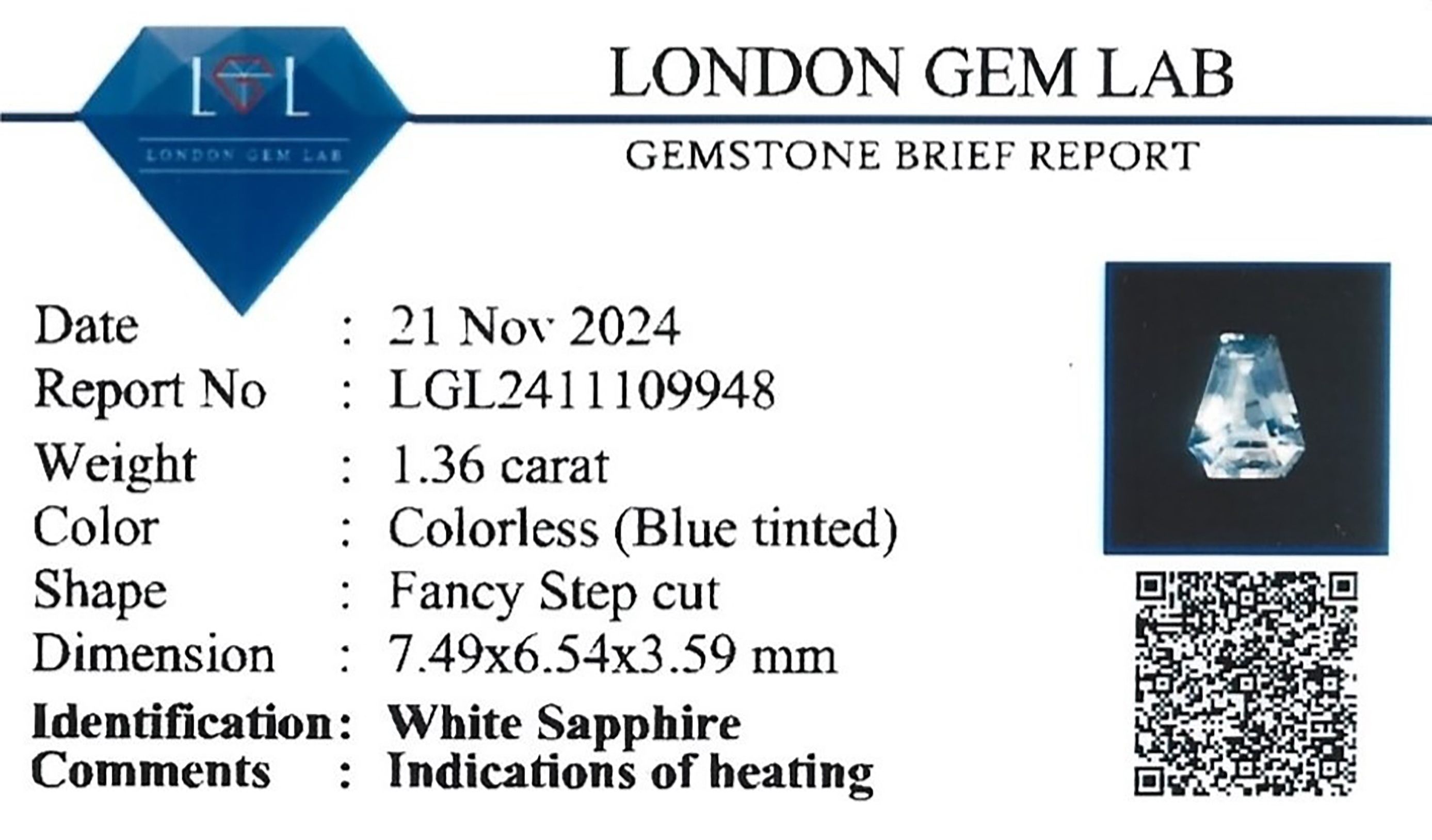 1.36 Ct. White Sapphire from Ceylon (Sri Lanka)