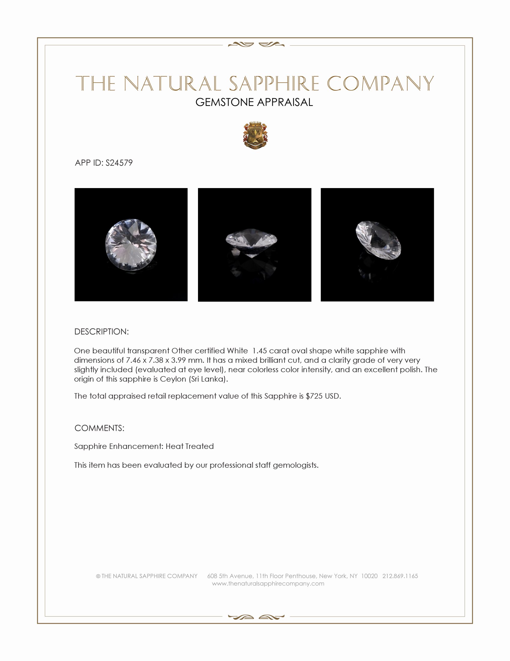 1.45 Ct. White Sapphire from Ceylon (Sri Lanka)