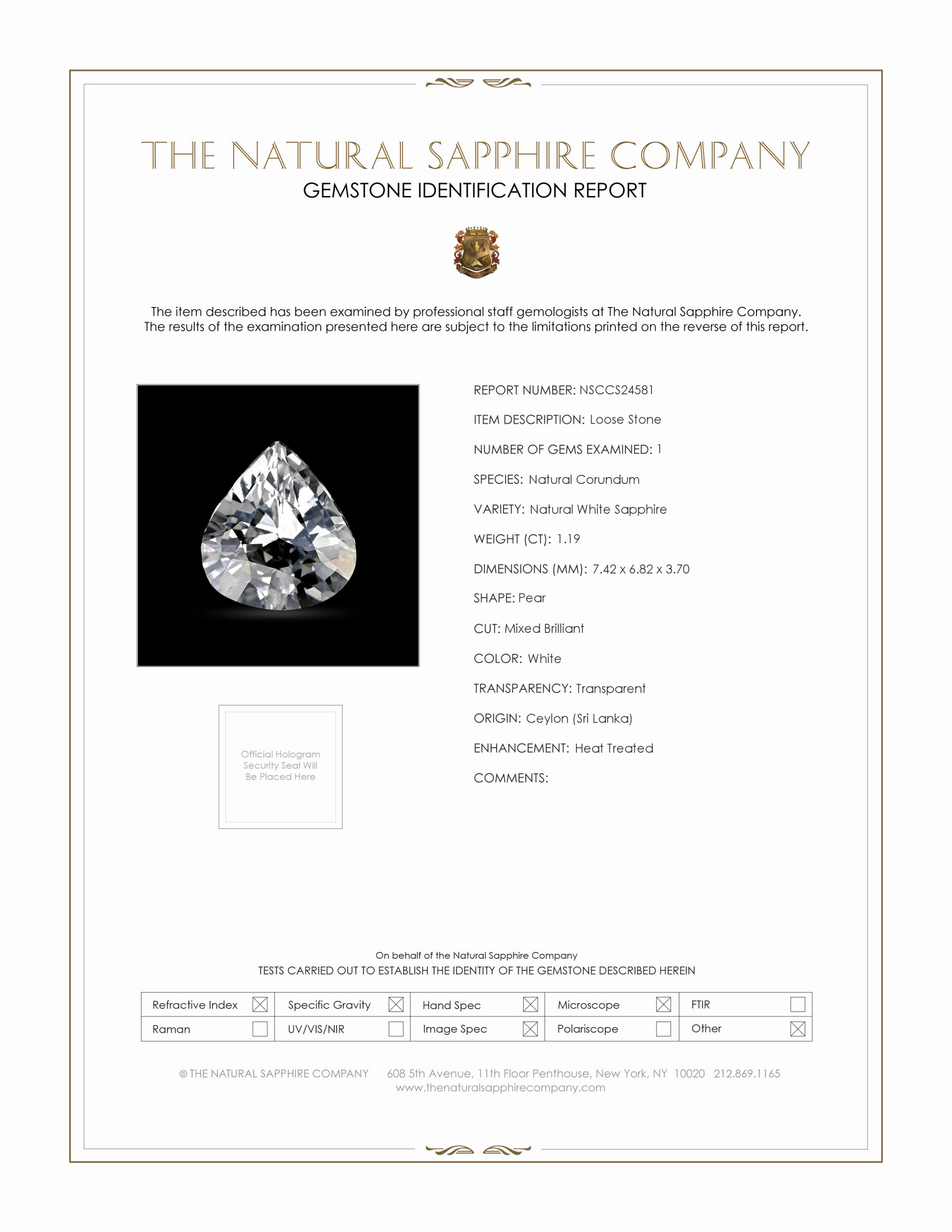 1.19 Ct. White Sapphire from Ceylon (Sri Lanka)