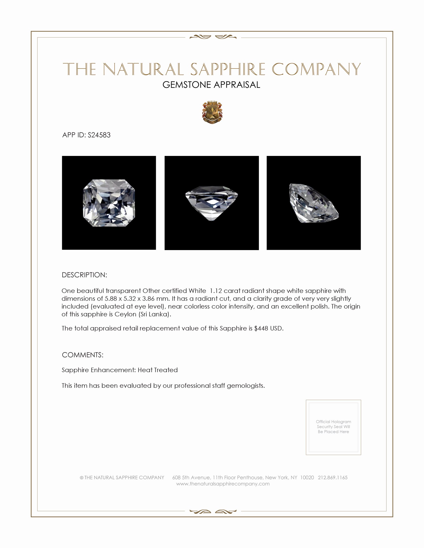1.12 Ct. White Sapphire from Ceylon (Sri Lanka)