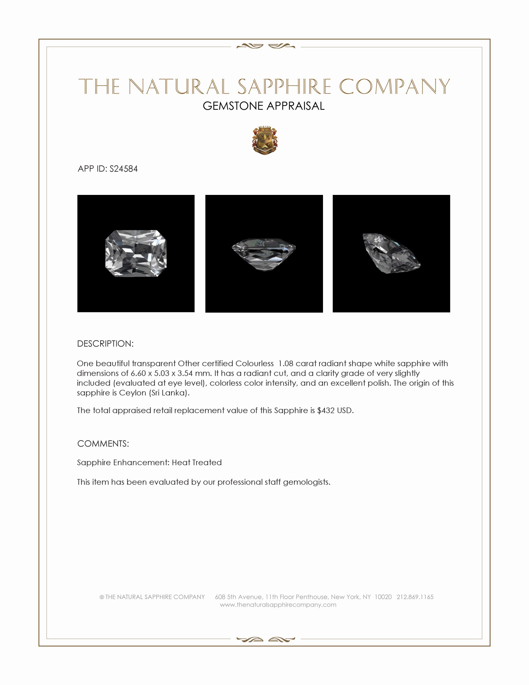 1.08 Ct. White Sapphire from Ceylon (Sri Lanka)