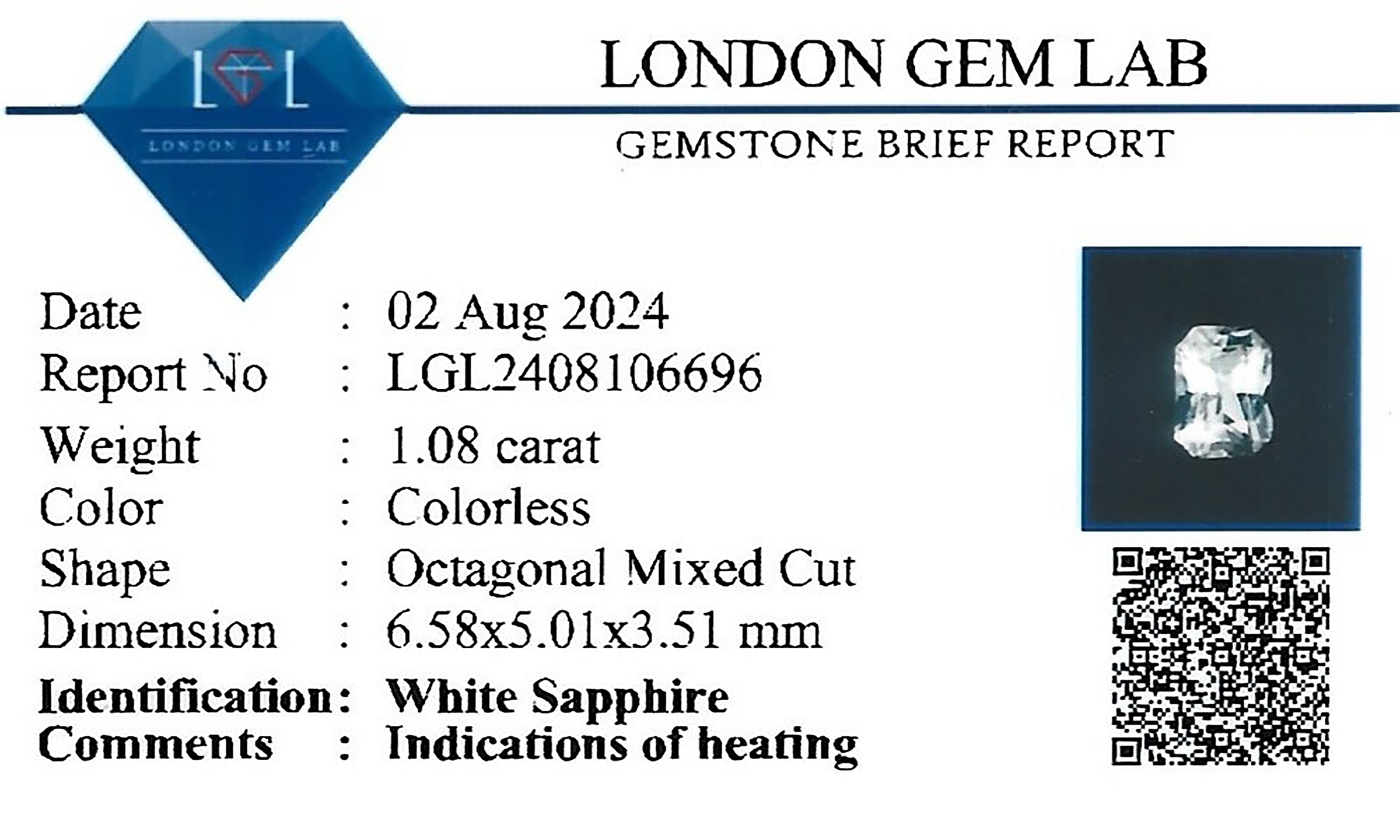 1.08 Ct. White Sapphire from Ceylon (Sri Lanka)