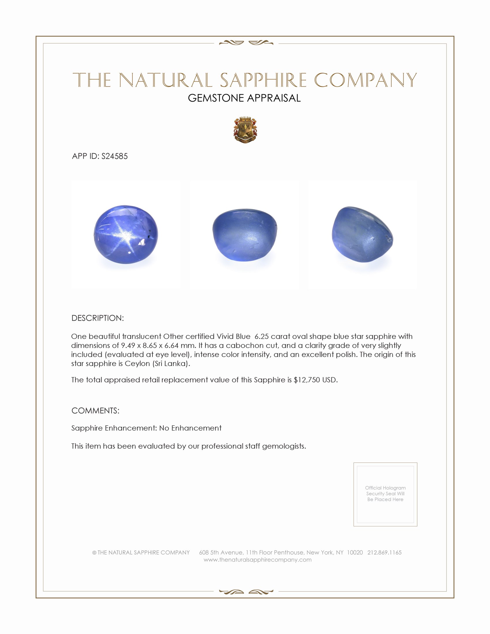 6.25 Ct. Blue Star Sapphire from Ceylon (Sri Lanka)