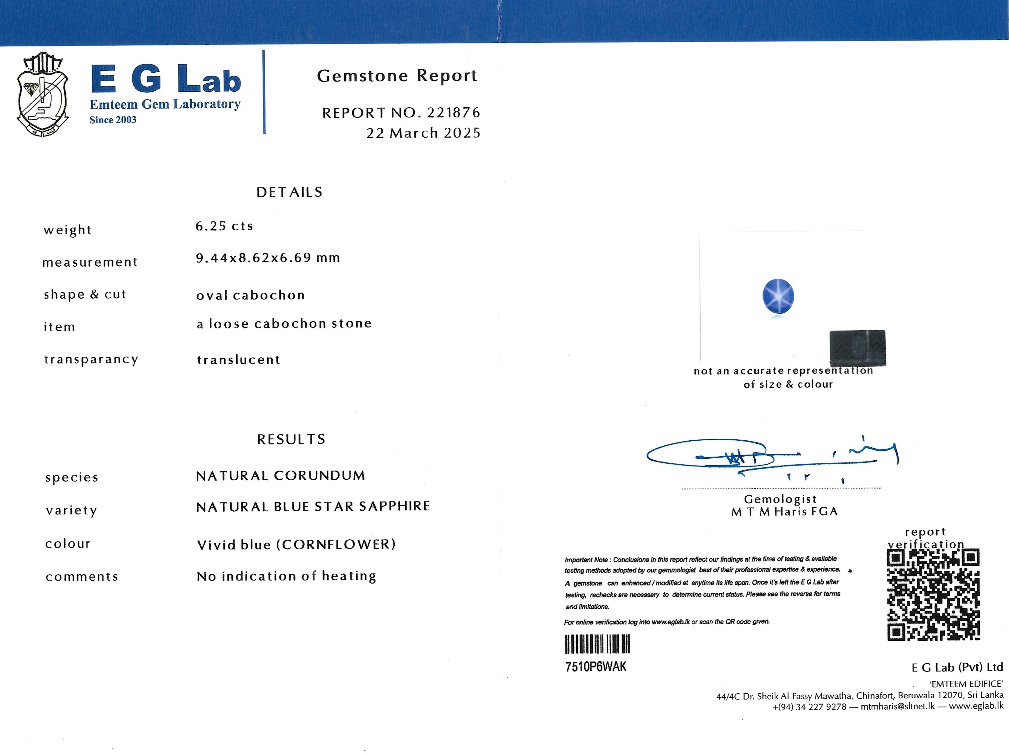 6.25 Ct. Blue Star Sapphire from Ceylon (Sri Lanka)