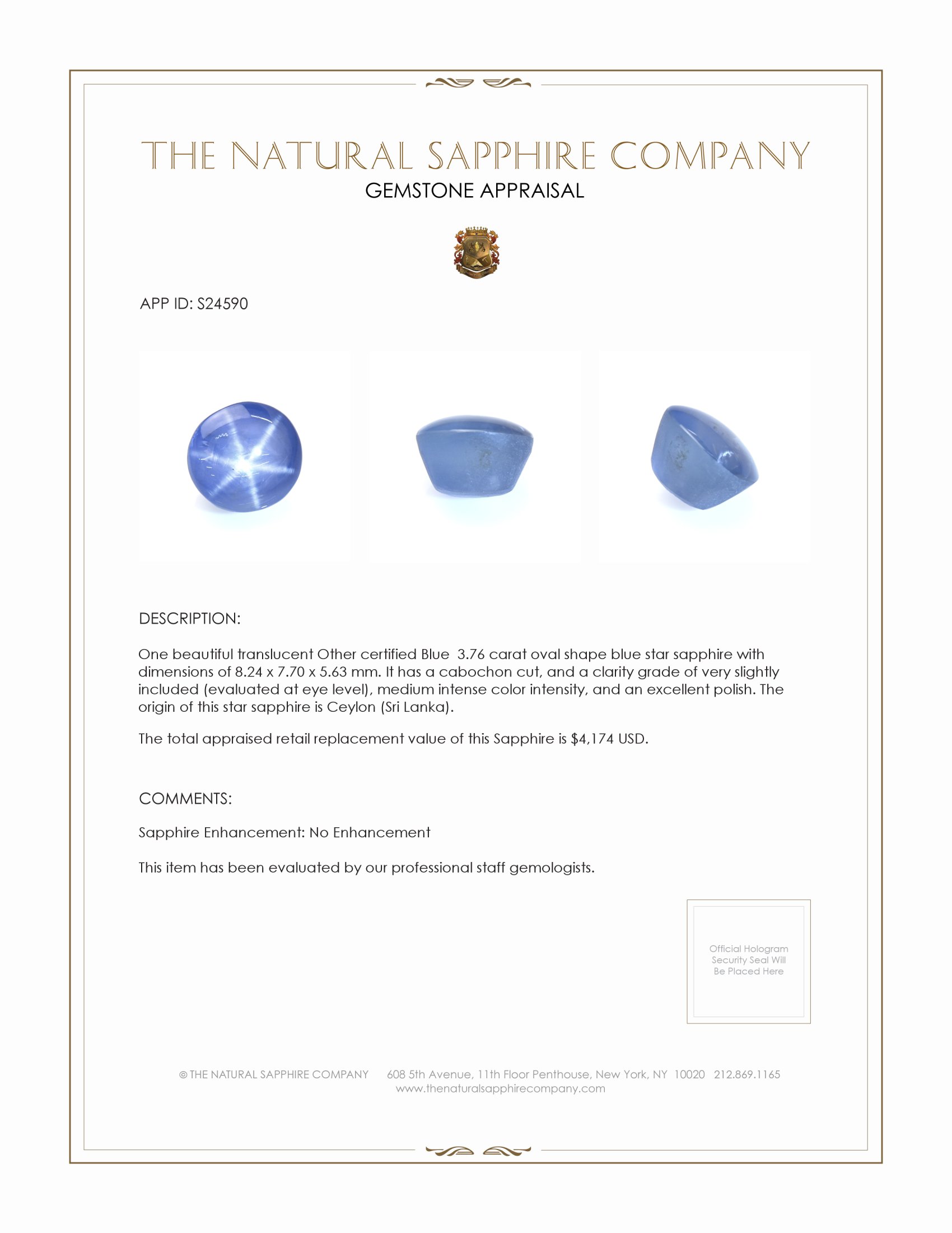 3.76 Ct. Blue Star Sapphire from Ceylon (Sri Lanka)