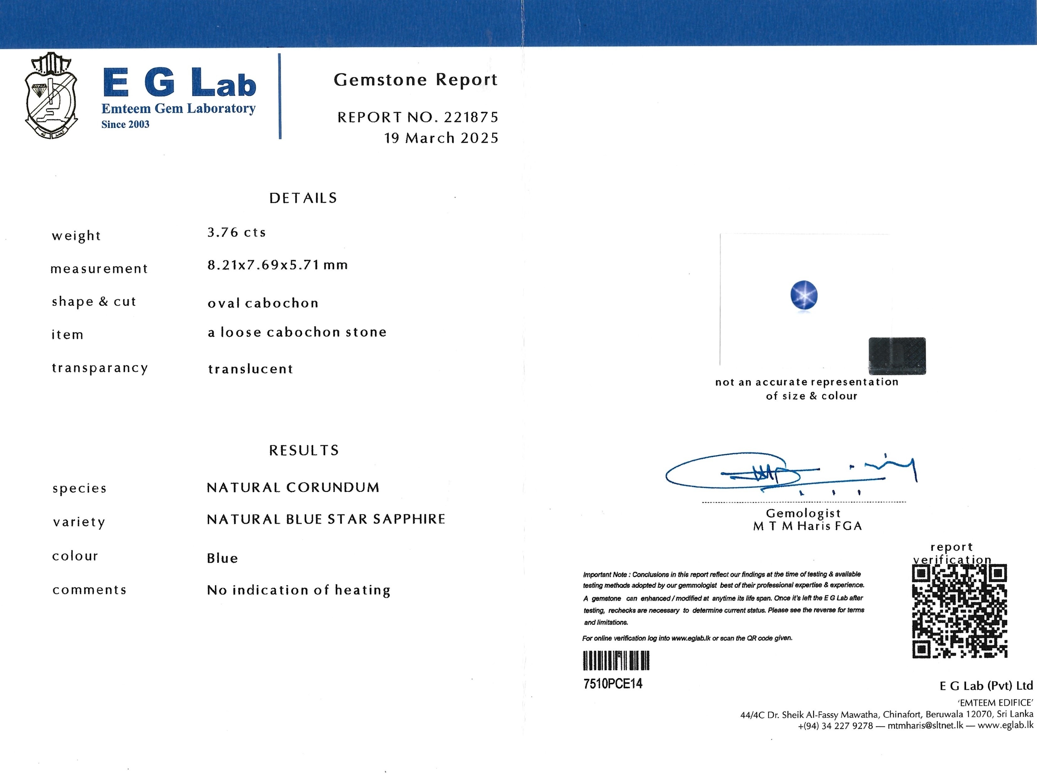 3.76 Ct. Blue Star Sapphire from Ceylon (Sri Lanka)