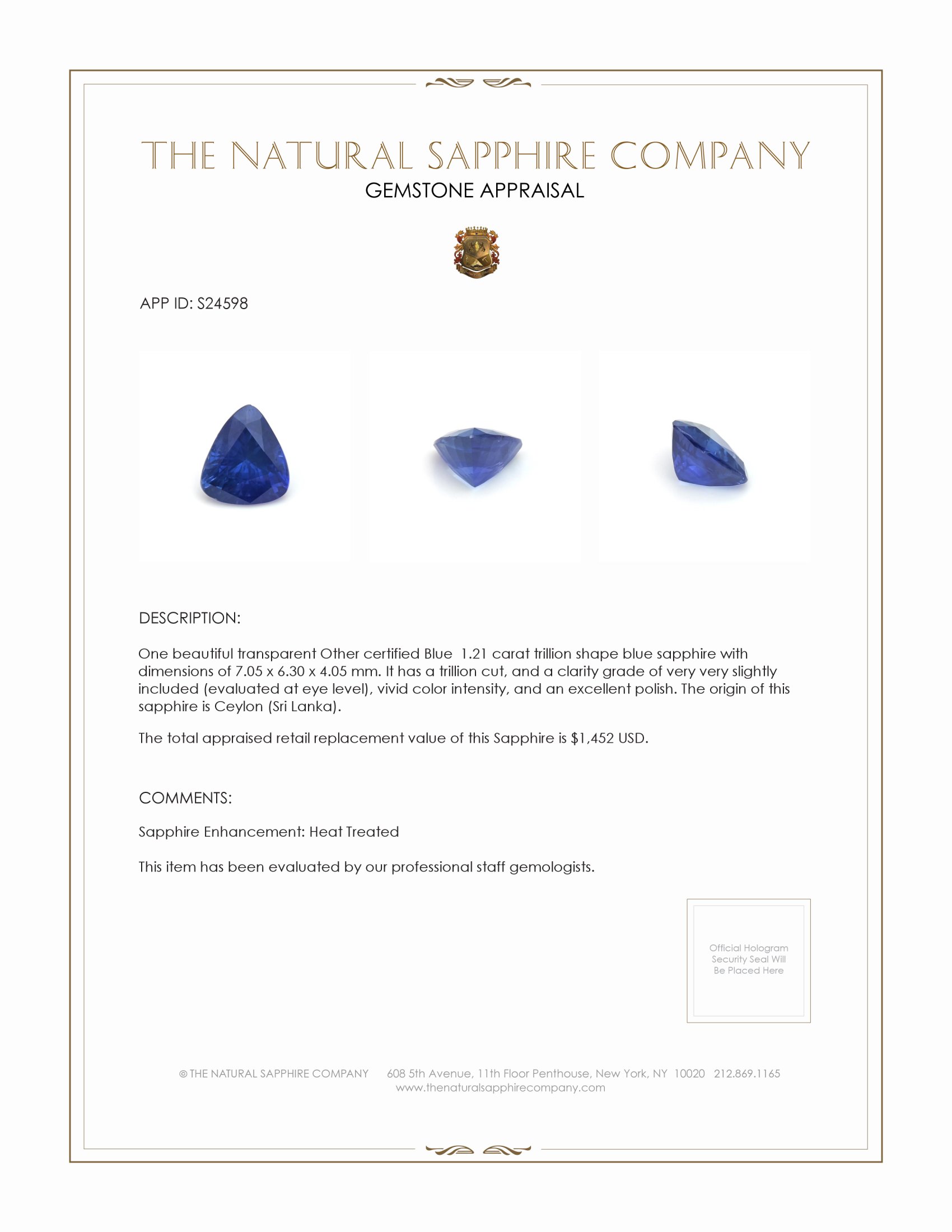 1.21 Ct. Blue Sapphire from Ceylon (Sri Lanka)