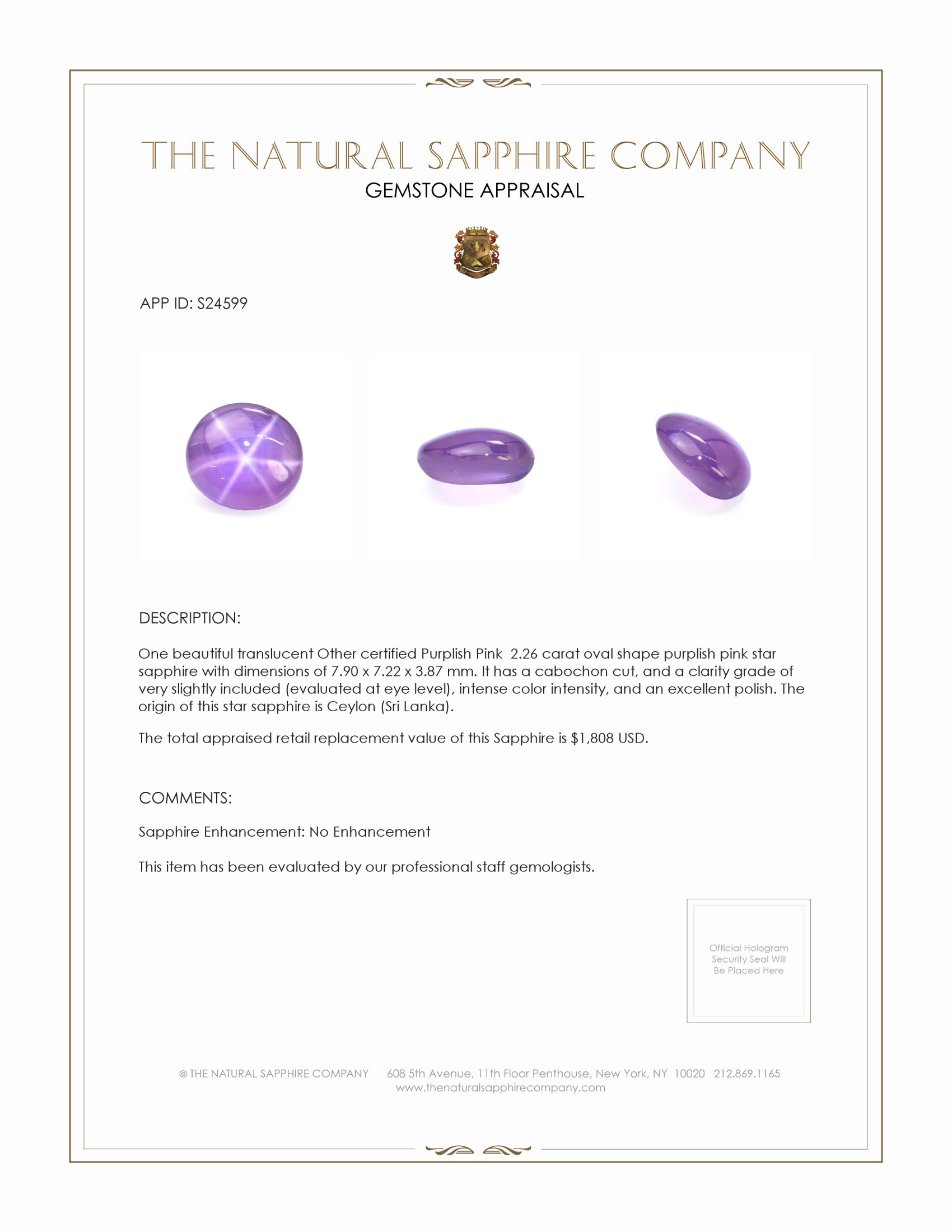 2.26 Ct. Purplish Pink Star Sapphire from Ceylon (Sri Lanka)