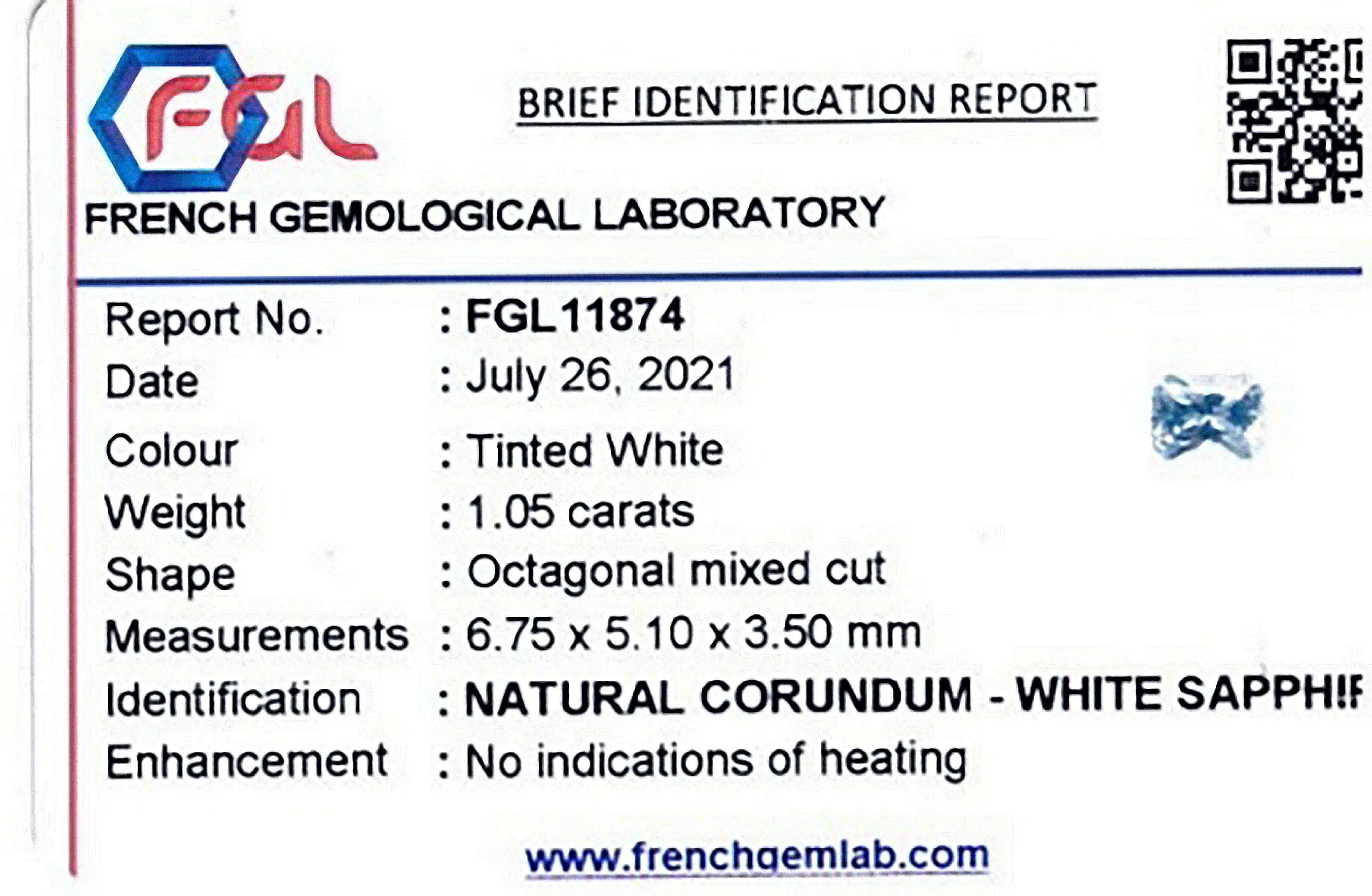 1.05 Ct. White Sapphire from Ceylon (Sri Lanka)