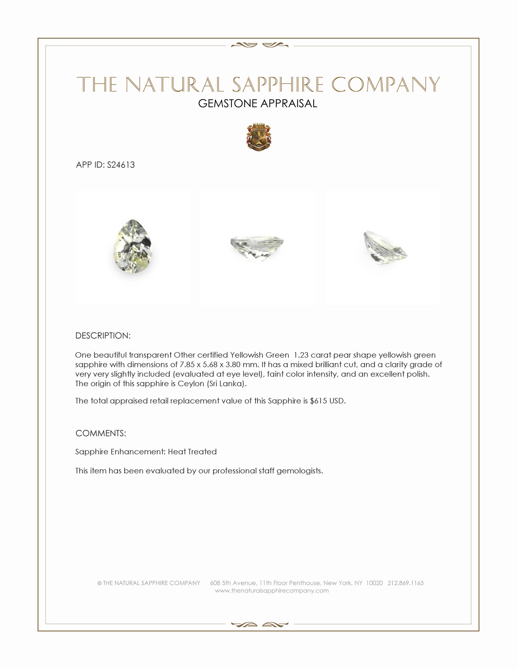 1.23 Ct. Yellowish Green Sapphire from Ceylon (Sri Lanka)