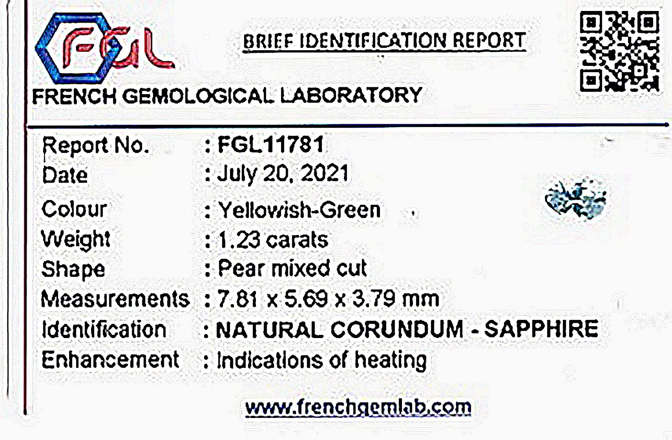 1.23 Ct. Yellowish Green Sapphire from Ceylon (Sri Lanka)