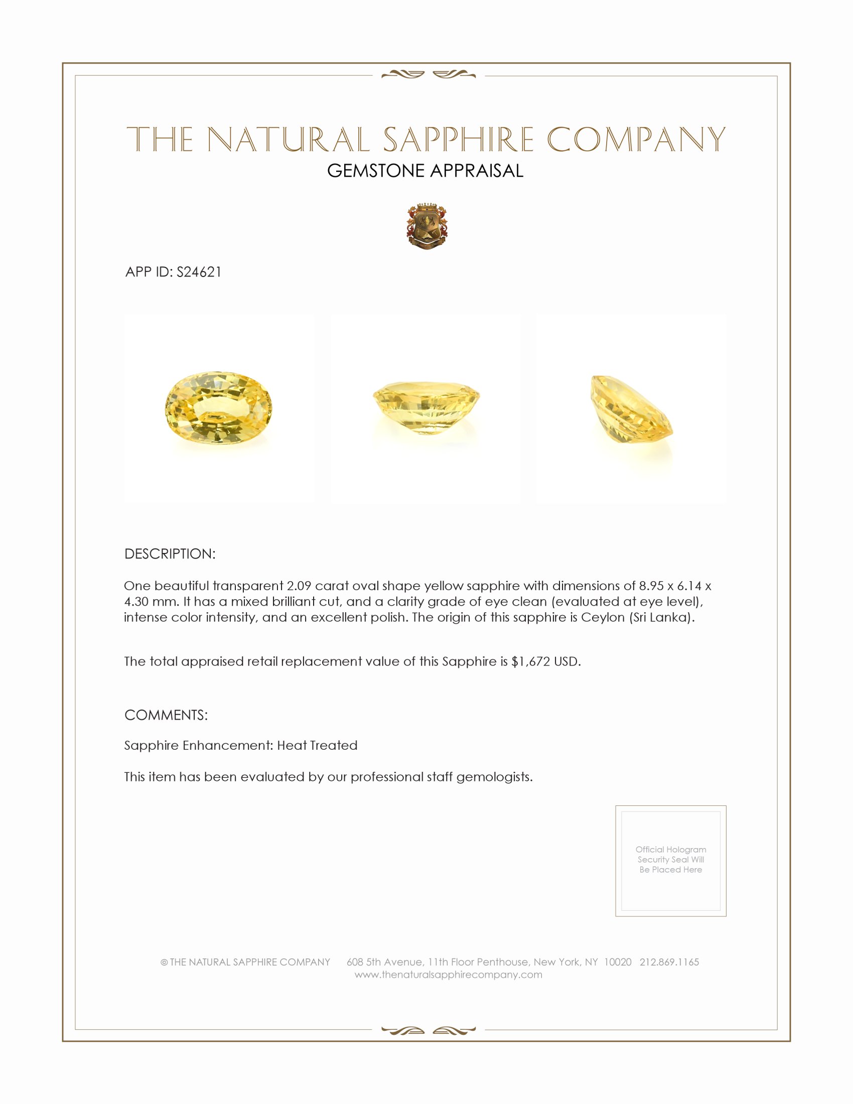2.09 Ct. Yellow Sapphire from Ceylon (Sri Lanka)
