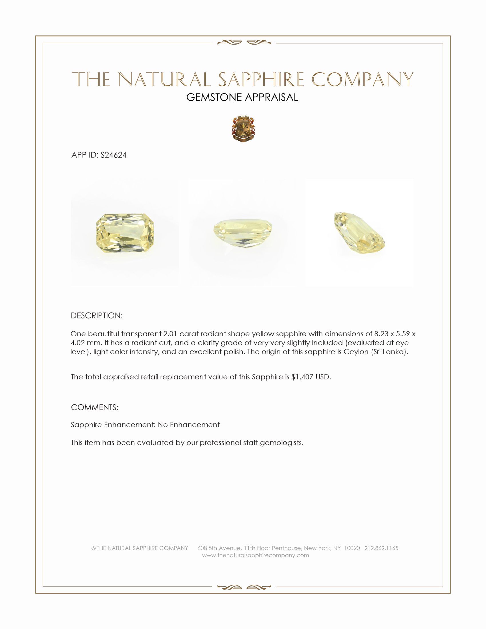 2.01 Ct. Yellow Sapphire from Ceylon (Sri Lanka)