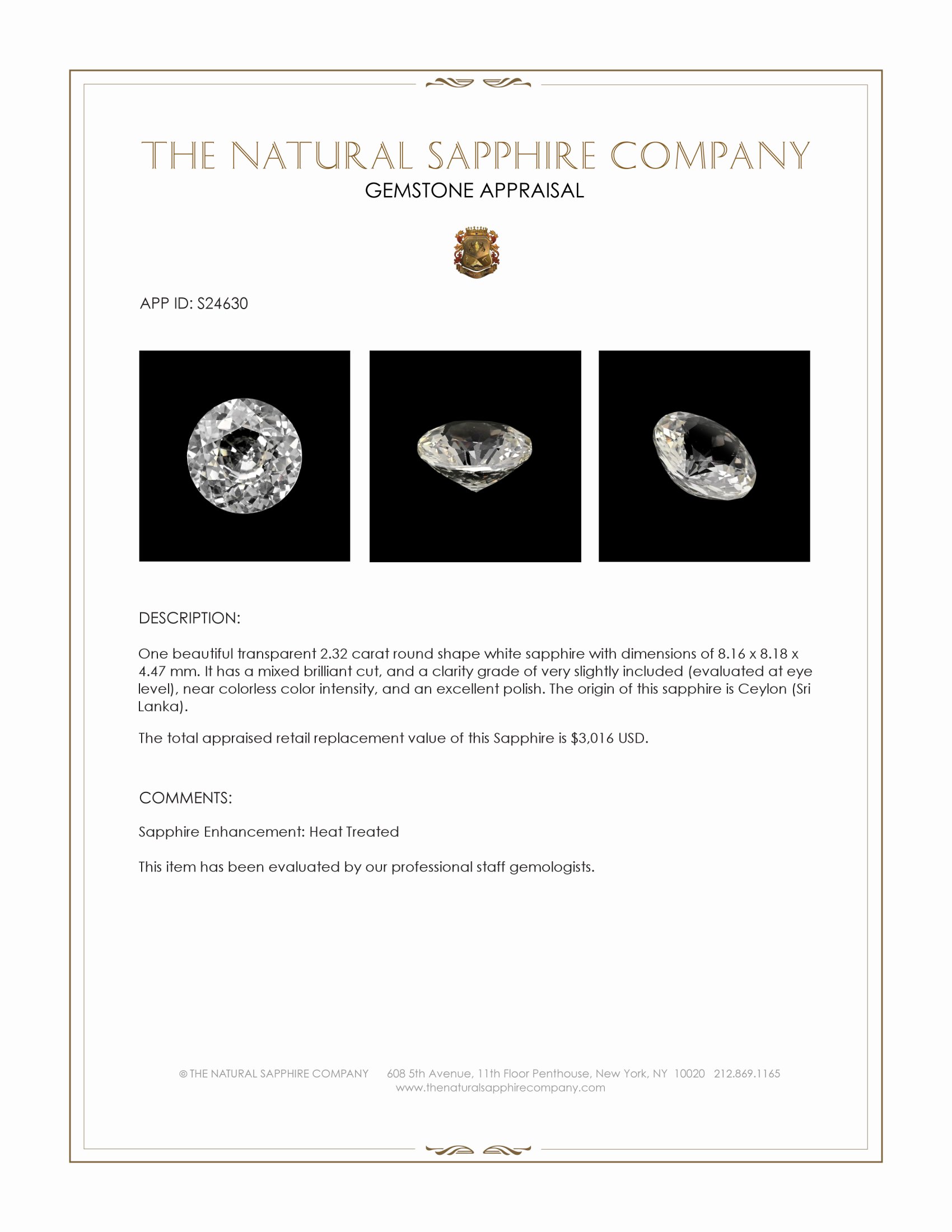 2.32 Ct. White Sapphire from Ceylon (Sri Lanka)