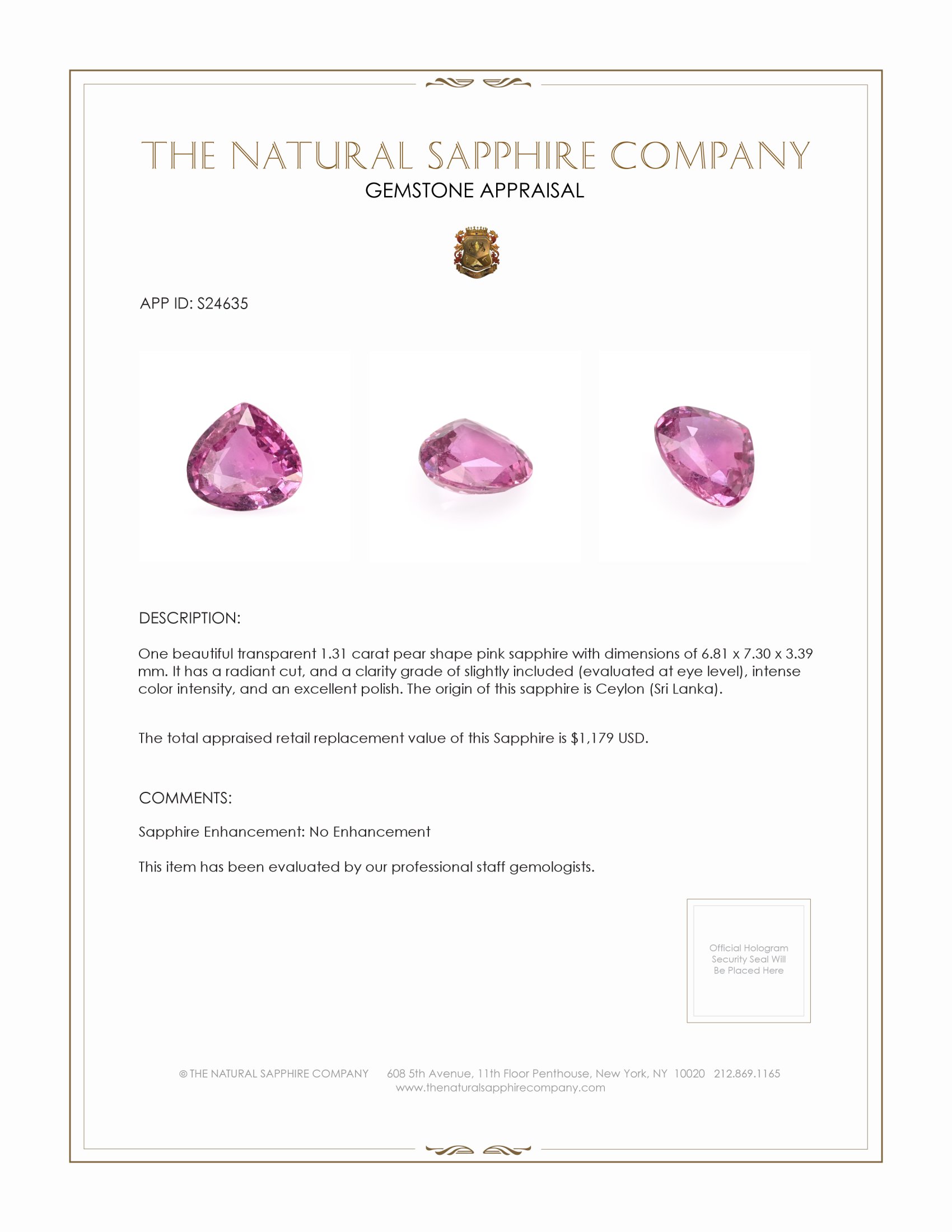 1.31 Ct. Pink Sapphire from Ceylon (Sri Lanka)