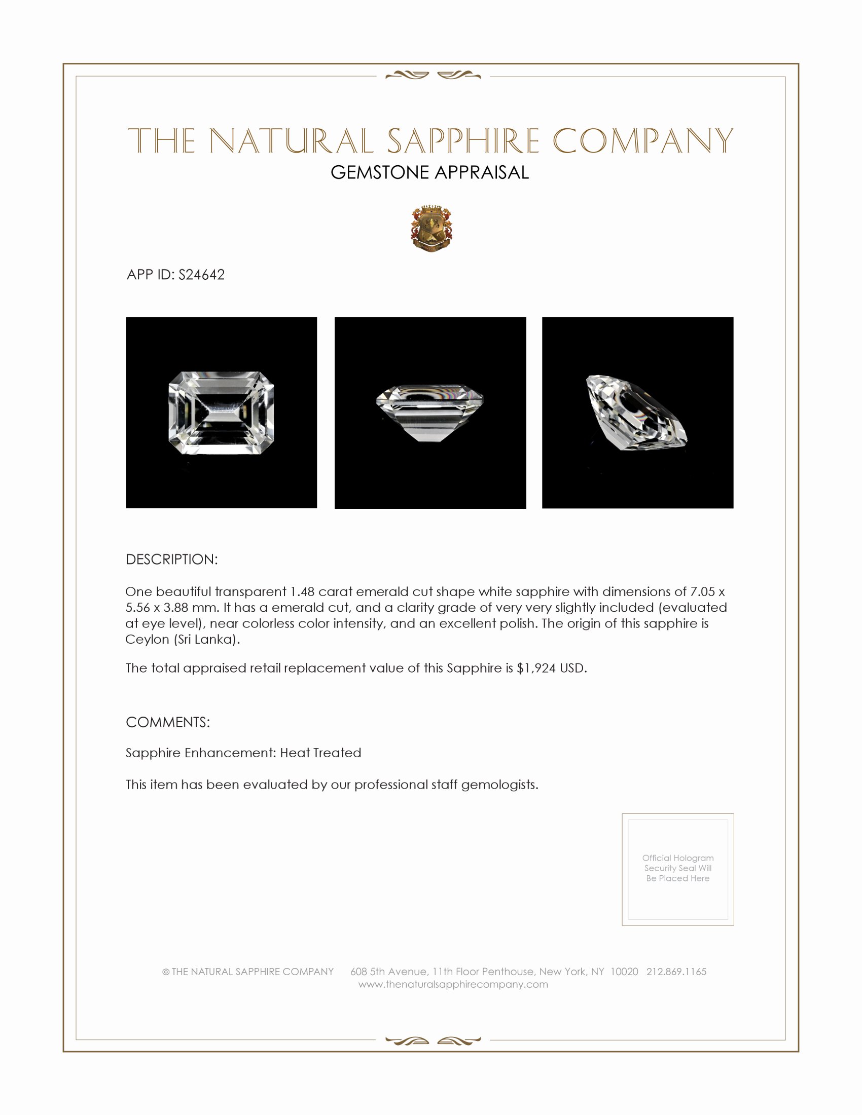 1.48 Ct. White Sapphire from Ceylon (Sri Lanka)