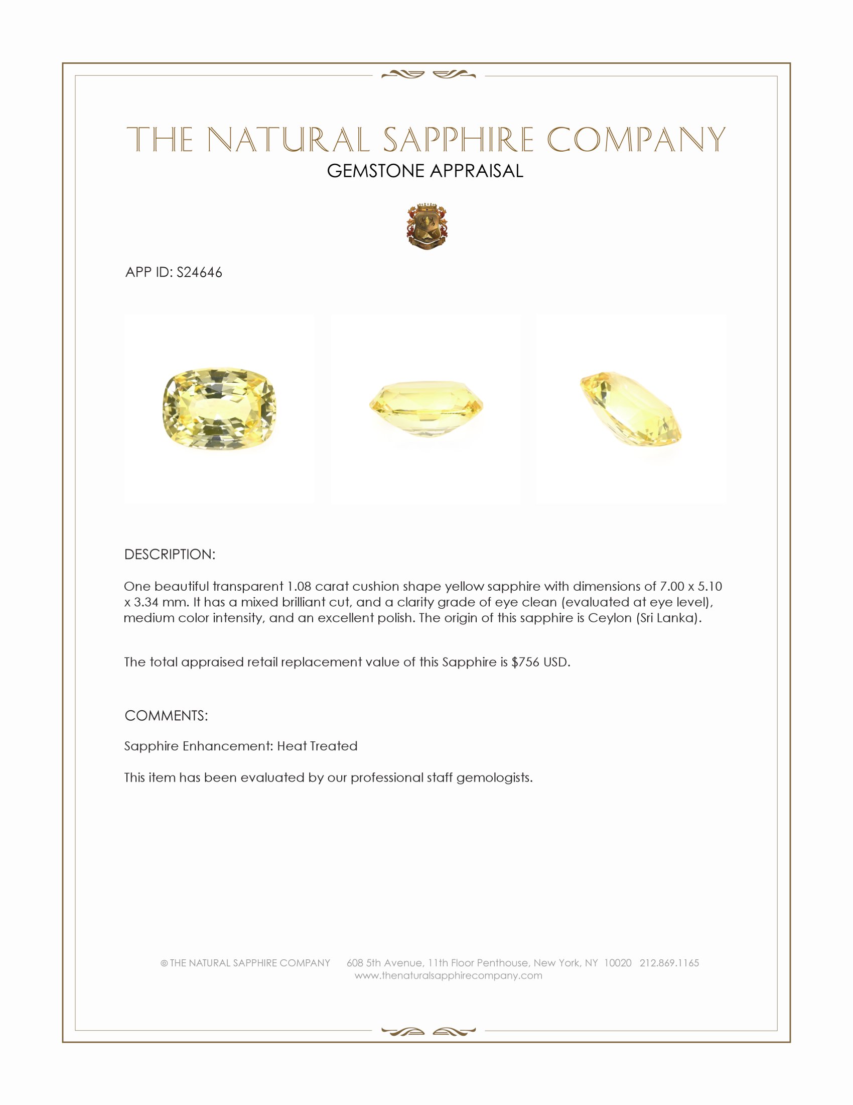 1.08 Ct. Yellow Sapphire from Ceylon (Sri Lanka)