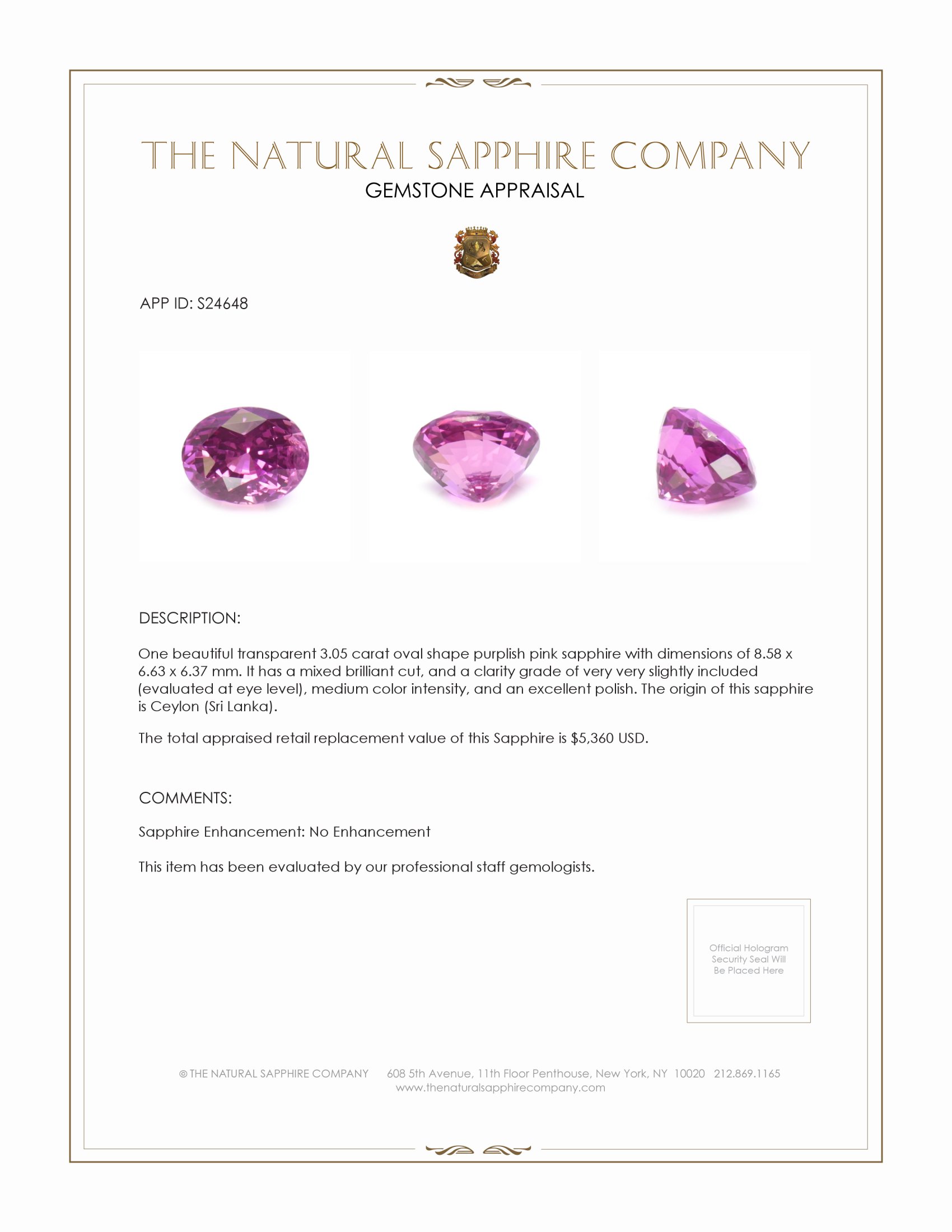 3.05 Ct. Purplish Pink Sapphire from Ceylon (Sri Lanka)